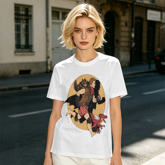 Olive T-Shirt With Fantasy Running Character And Creatures Print