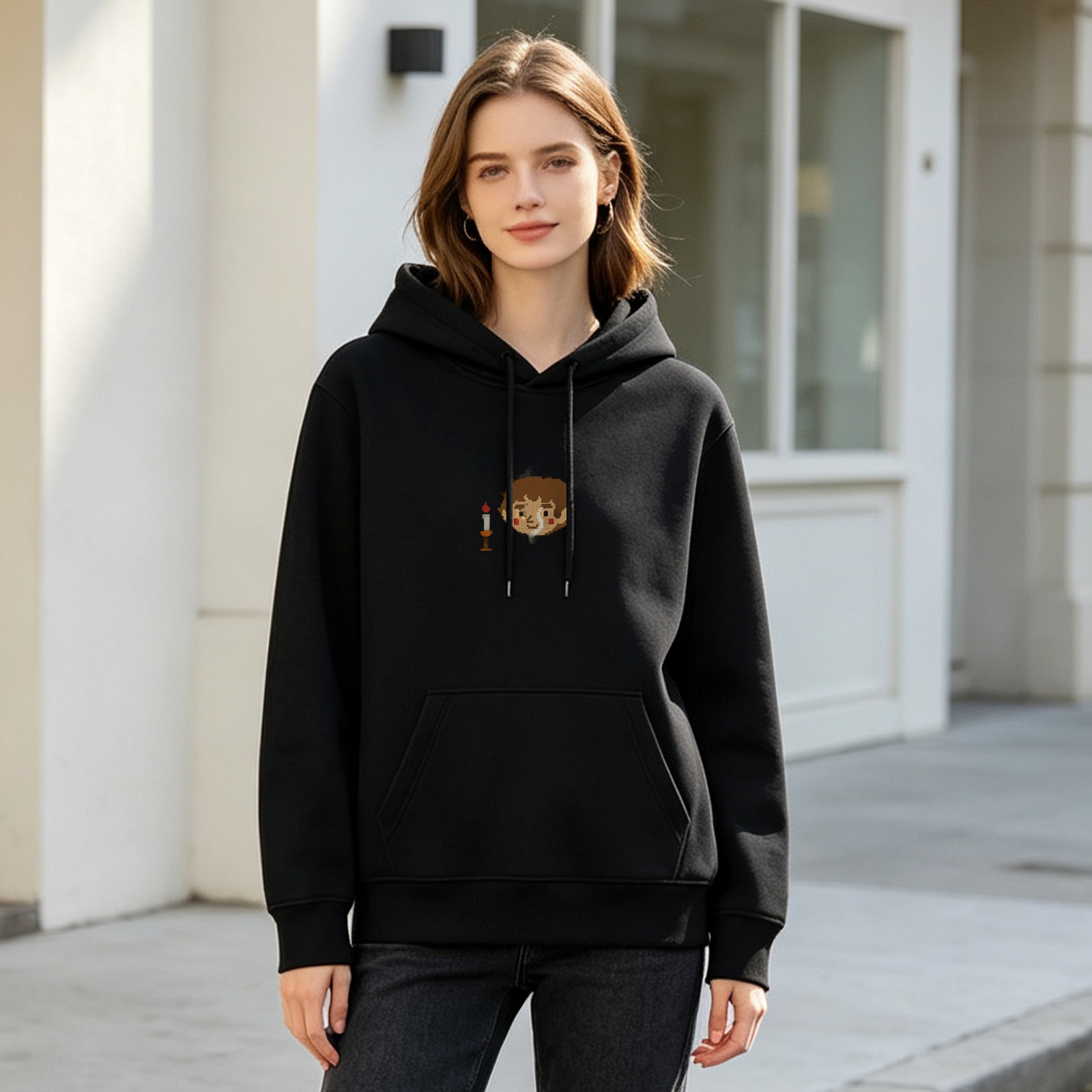 Black Hoodie With Cute Cartoon Boy And Candle Graphic