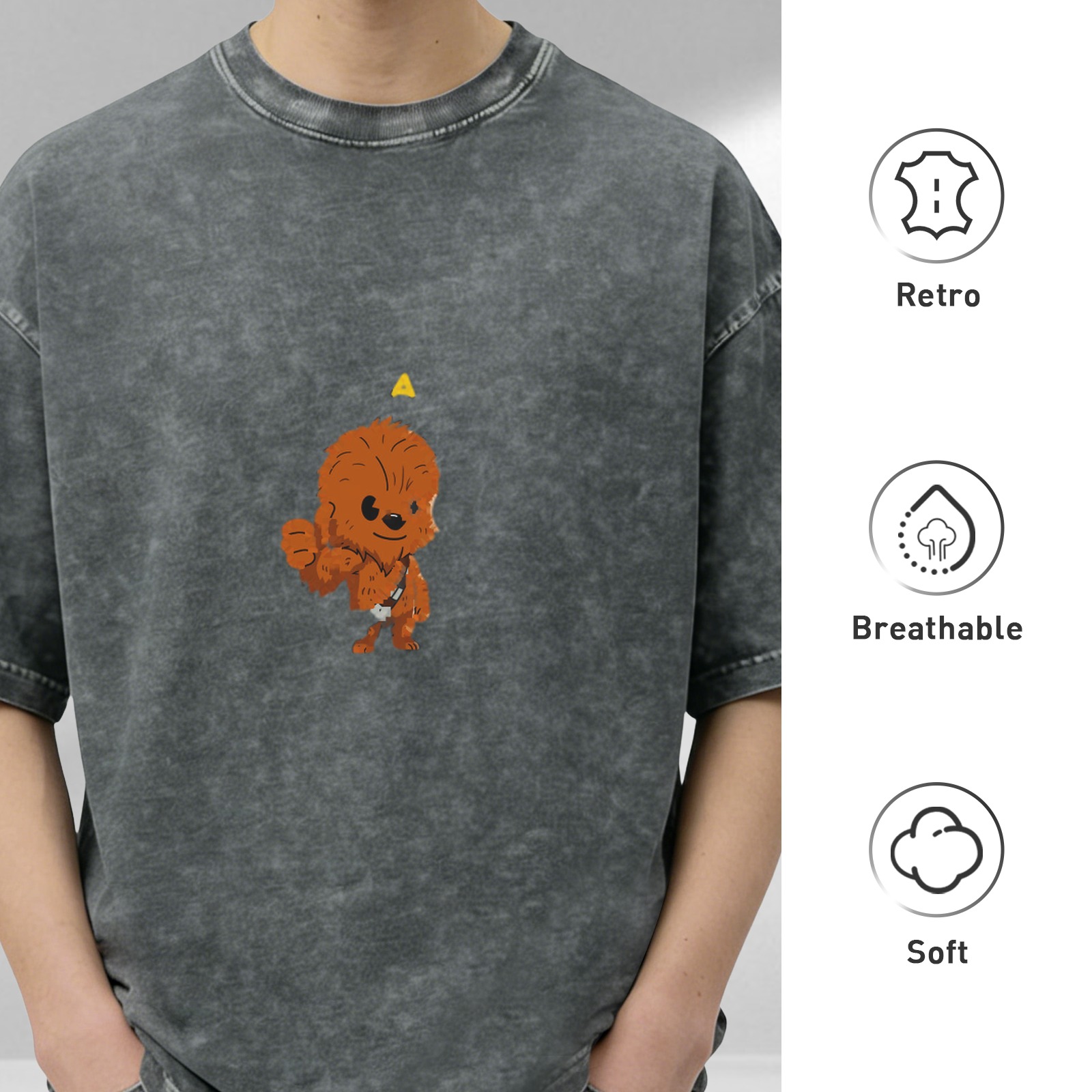 Washed black t-shirt with cute cartoon Chewbacca graphic