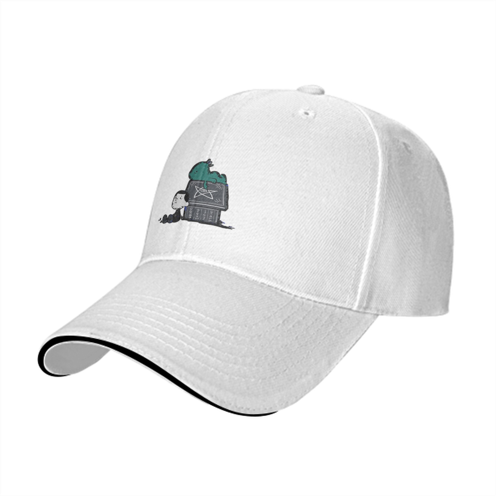 Black baseball cap with a whimsical printed graphic design