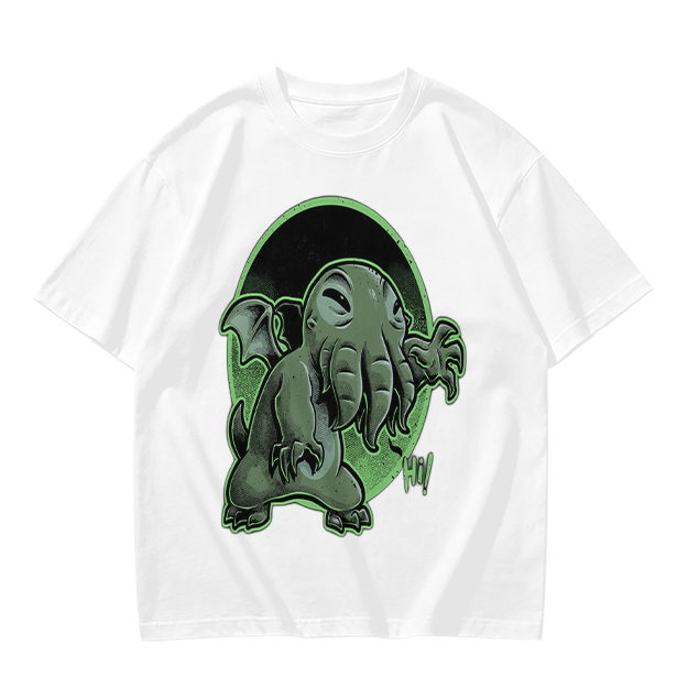 Olive T-Shirt Featuring Cute Cartoon Cthulhu Saying Hi