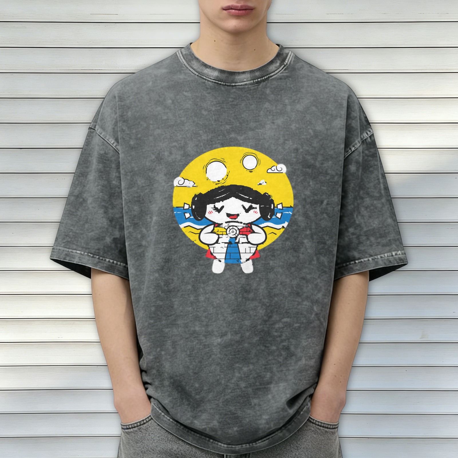 Washed Black T-Shirt With Cute Beach Girl Graphic Print