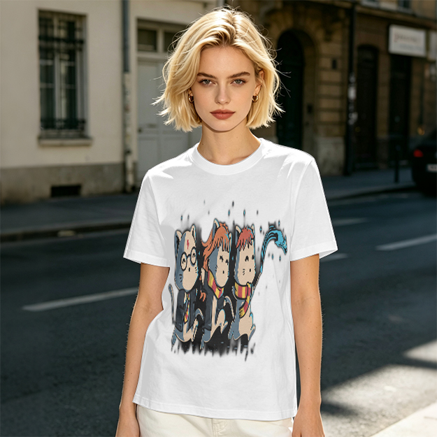 Olive T-Shirt With Harry Potter Themed Cat Trio Print