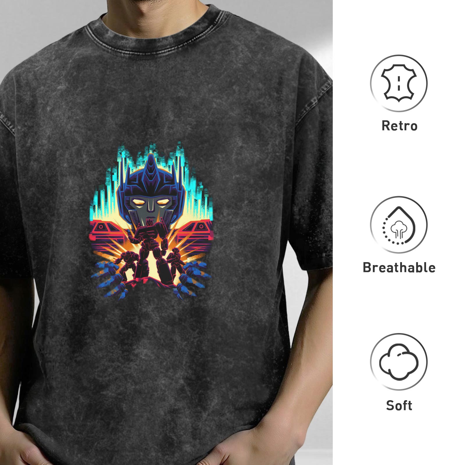 Distressed washed black Optimus Prime robot graphic short-sleeved T-shirt