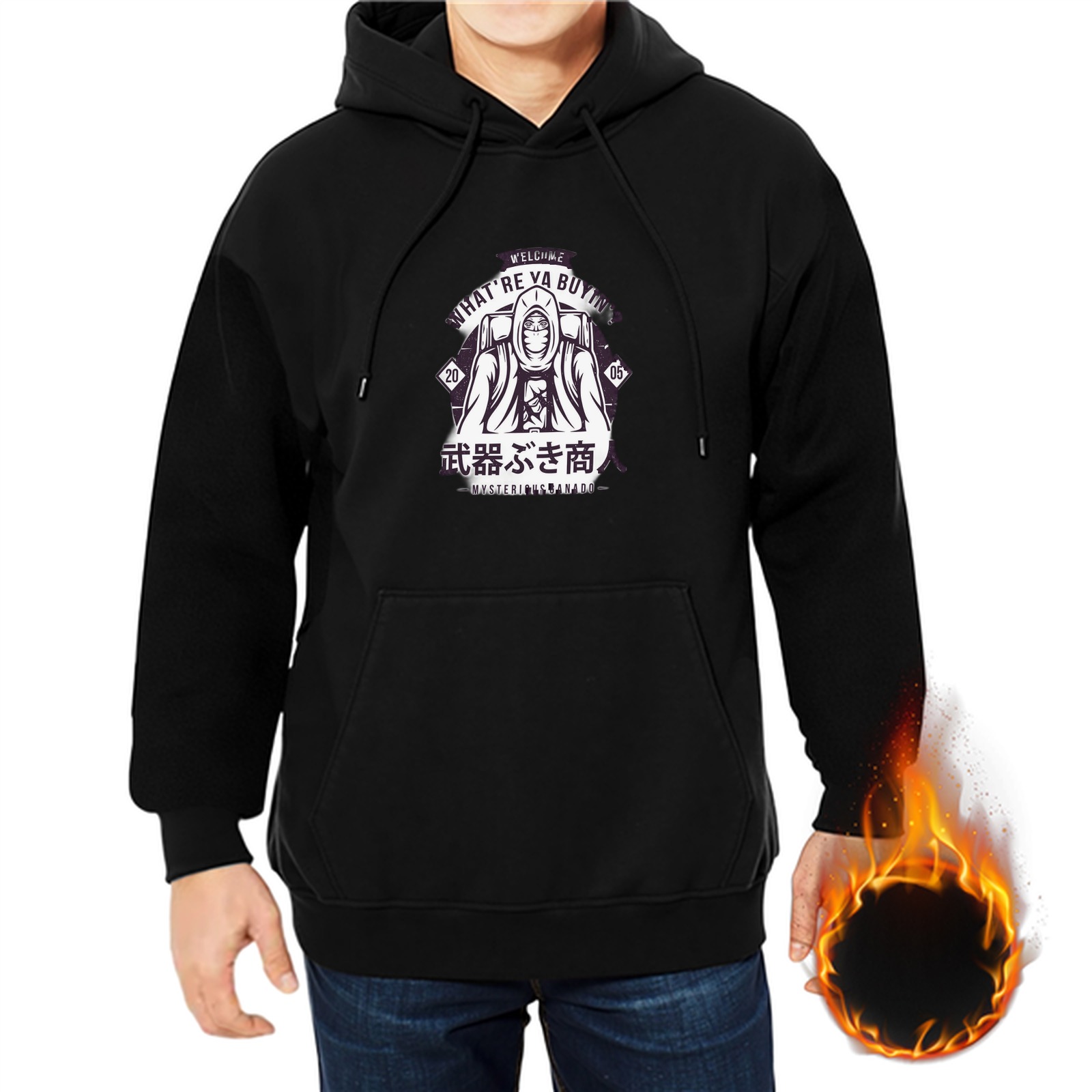 Black hoodie with mysterious masked merchant graphic and welcome text