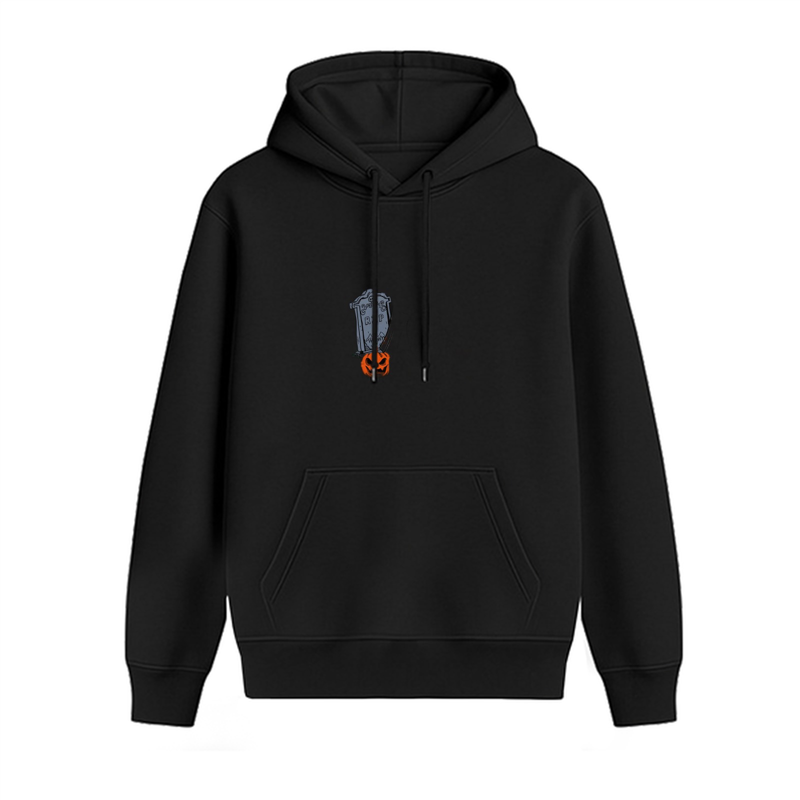 Black hoodie with small gravestone and jack-o'-lantern graphic