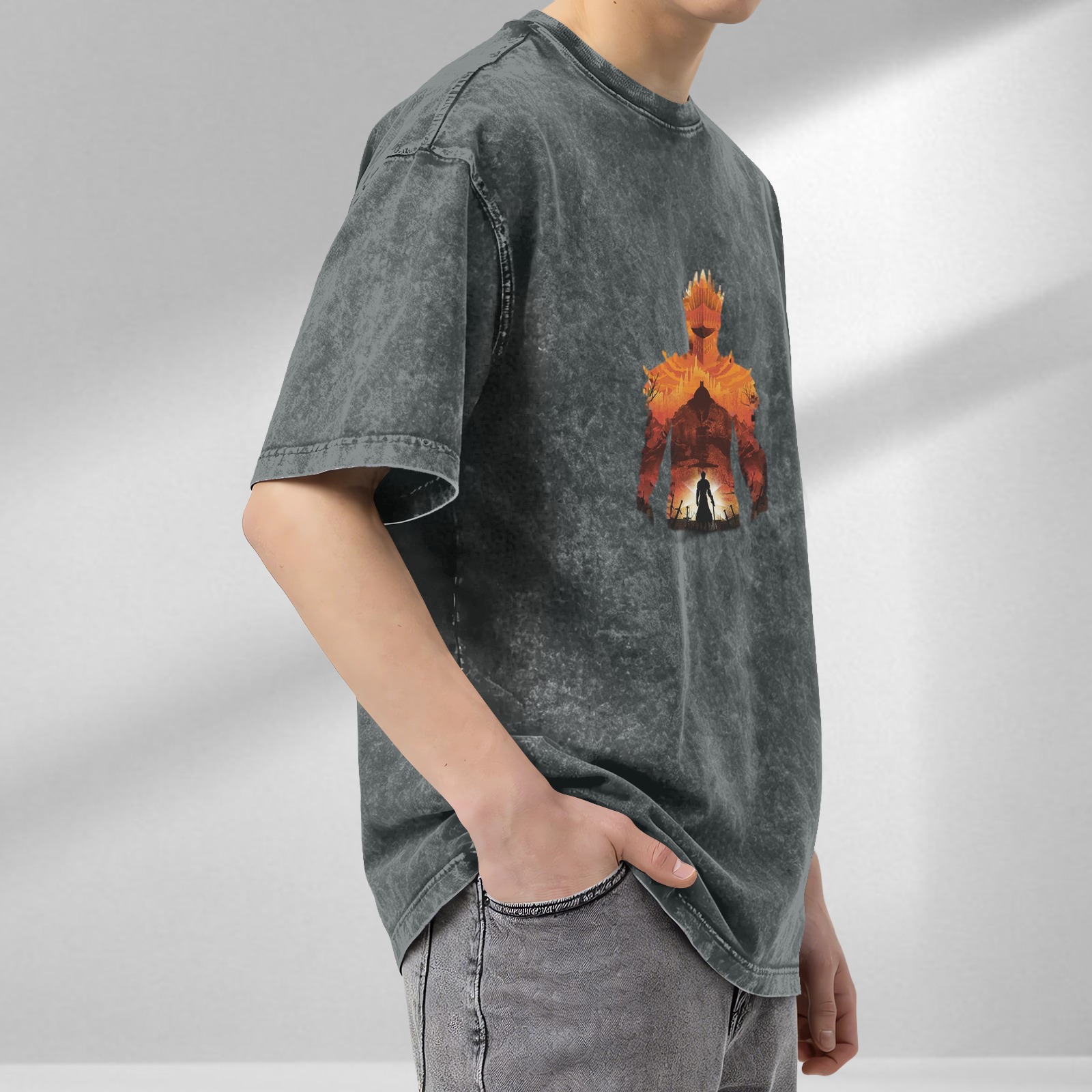 Distressed black short-sleeved T-shirt, game-themed print, loose style