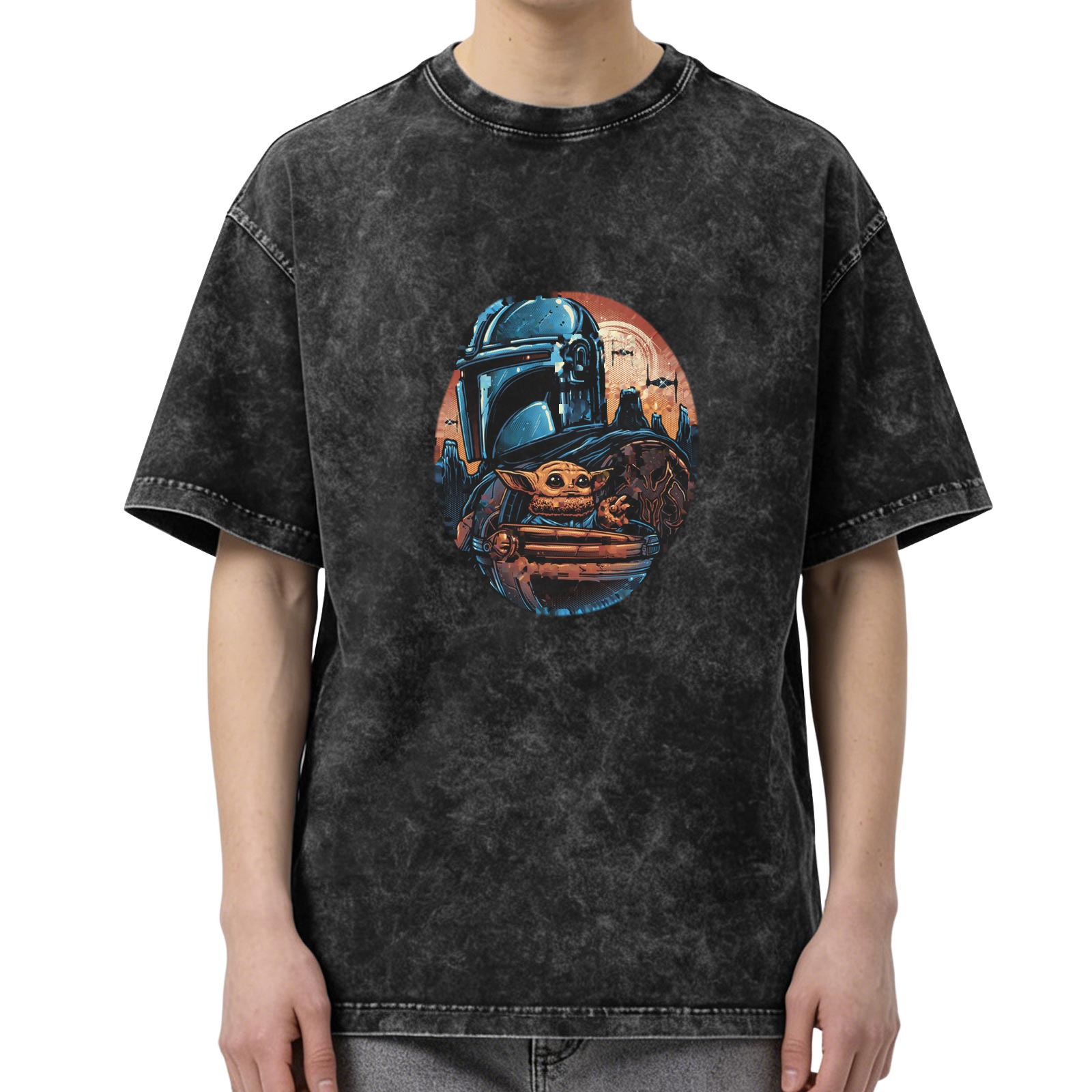 Star Wars The Mandalorian and Grogu Graphic Black Wash T-Shirt