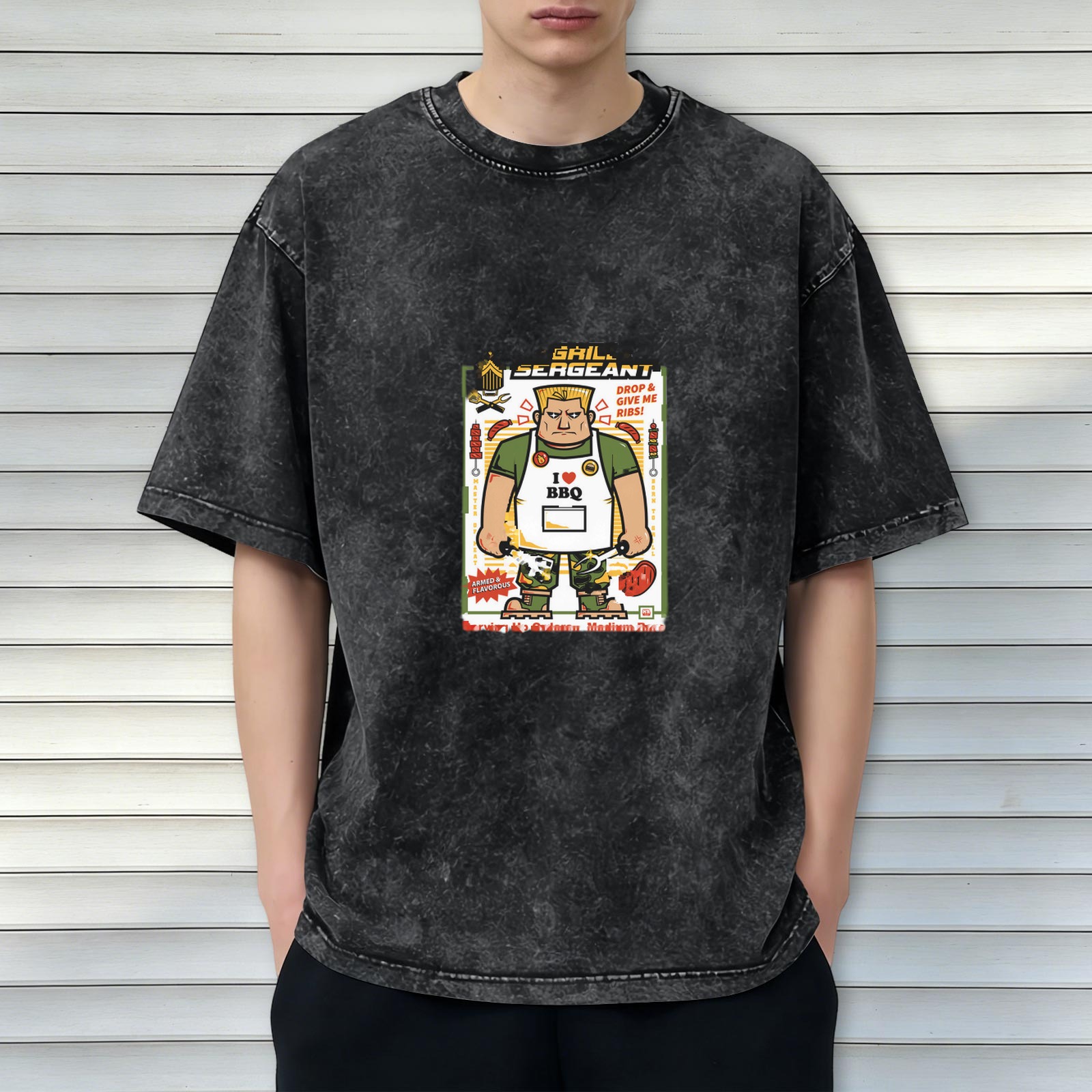 Washed black t-shirt with grill sergeant BBQ cartoon print