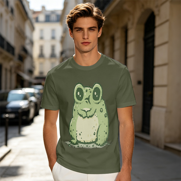 Olive Green T-Shirt With Cute Cartoon Frog Graphic Print