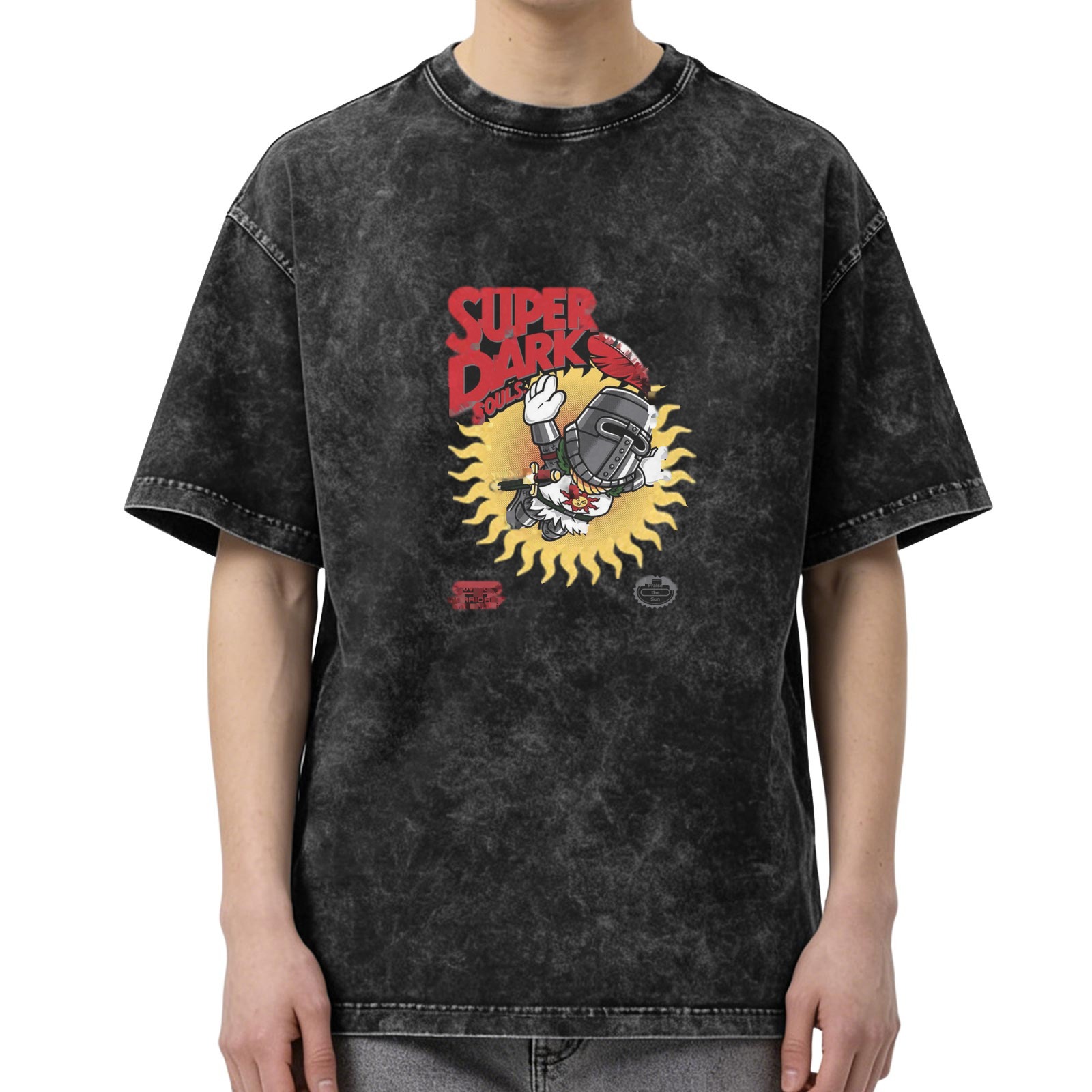 Distressed washed black loose short-sleeved T-shirt Game themed print Dark Souls Sun Knight design