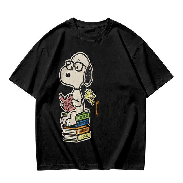 Olive T-shirt with Snoopy reading on stack of books