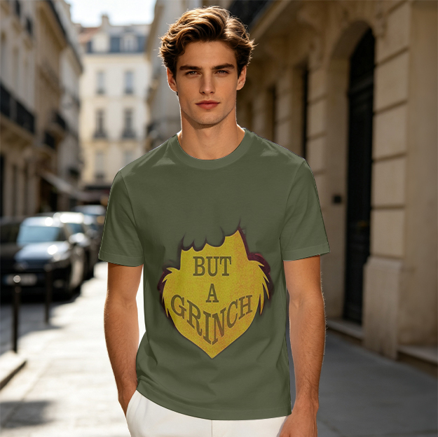 Olive green t-shirt with 'But A Grinch' graphic print