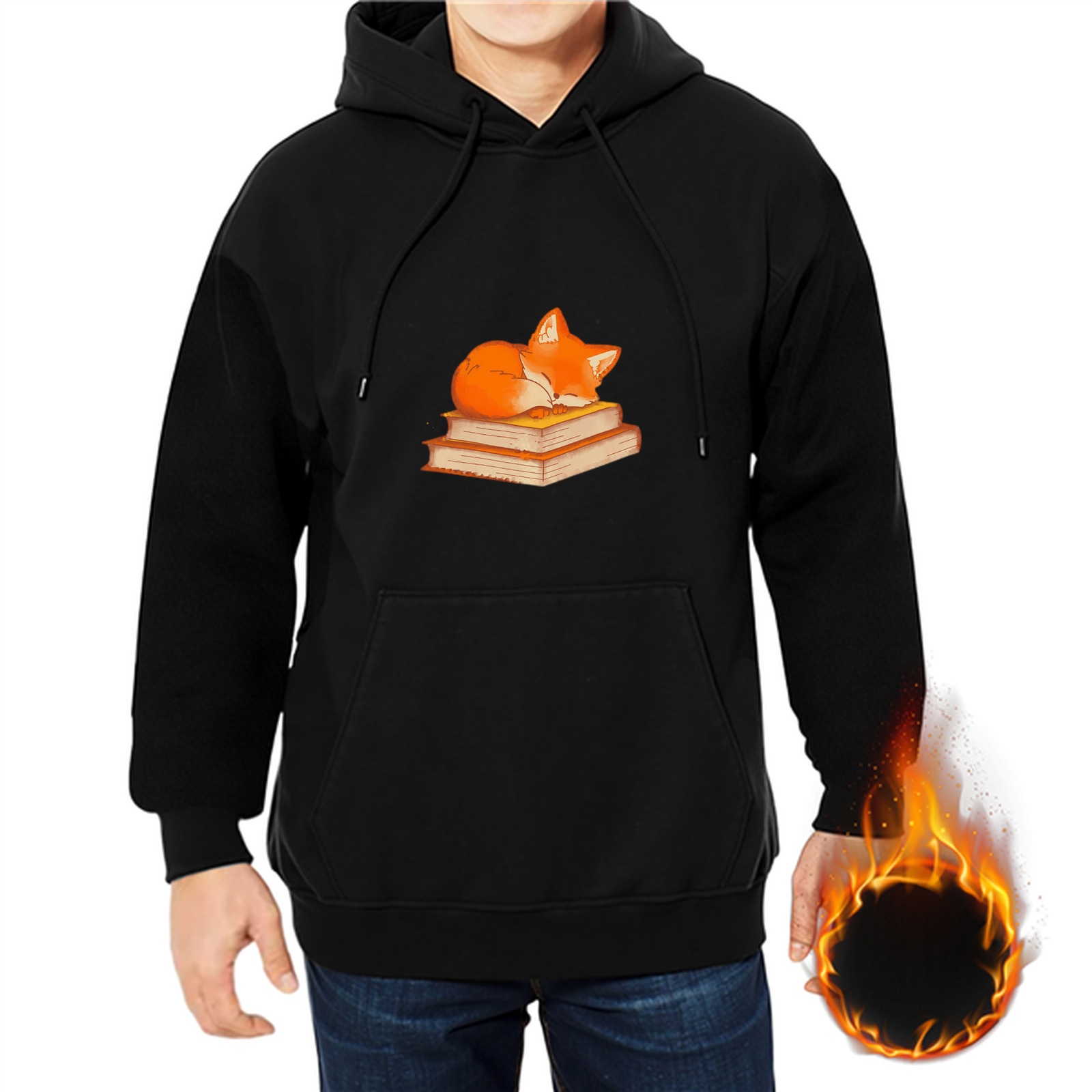 Black hoodie with a sleeping fox curled on a stack of books