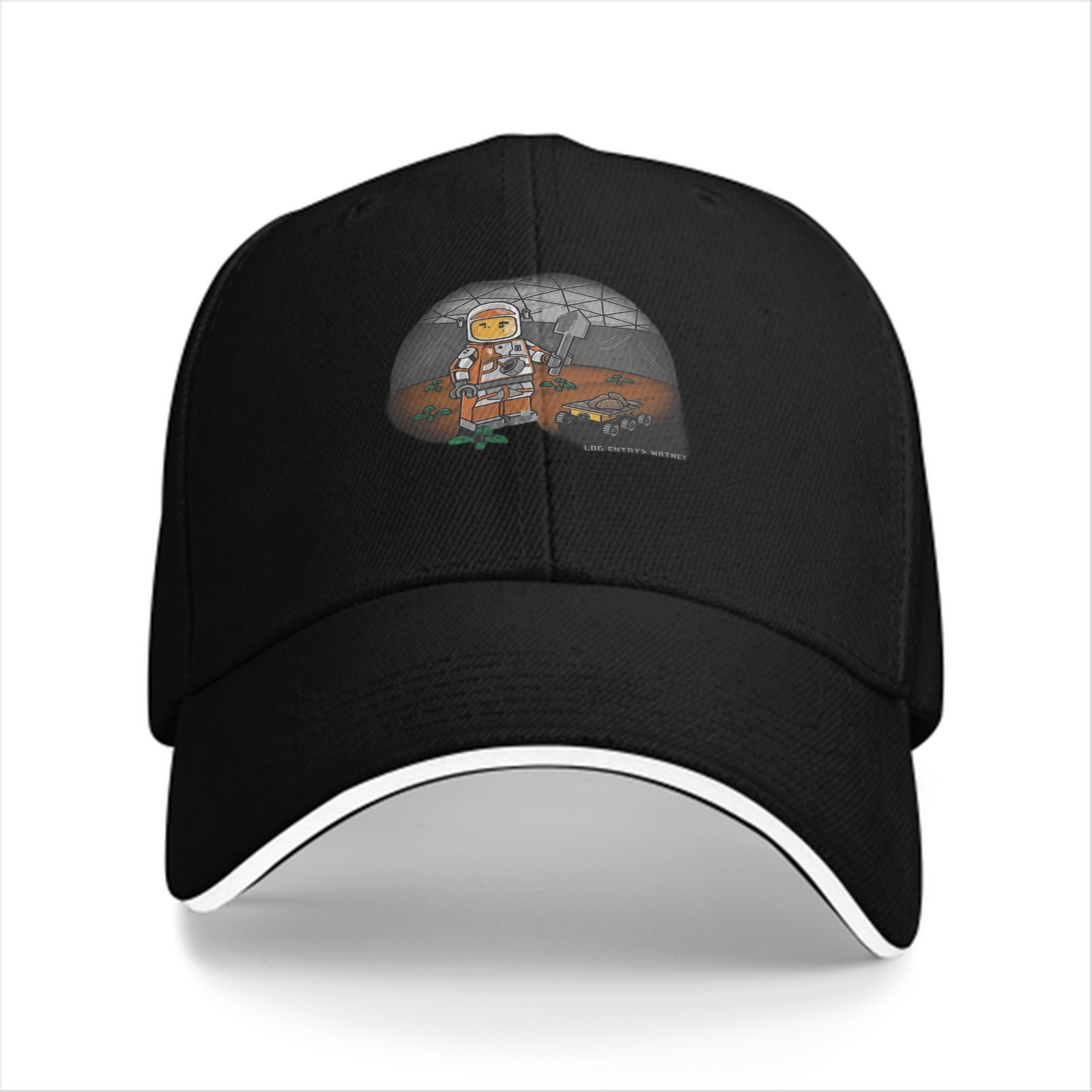 Black baseball cap with space astronaut minifigure graphic