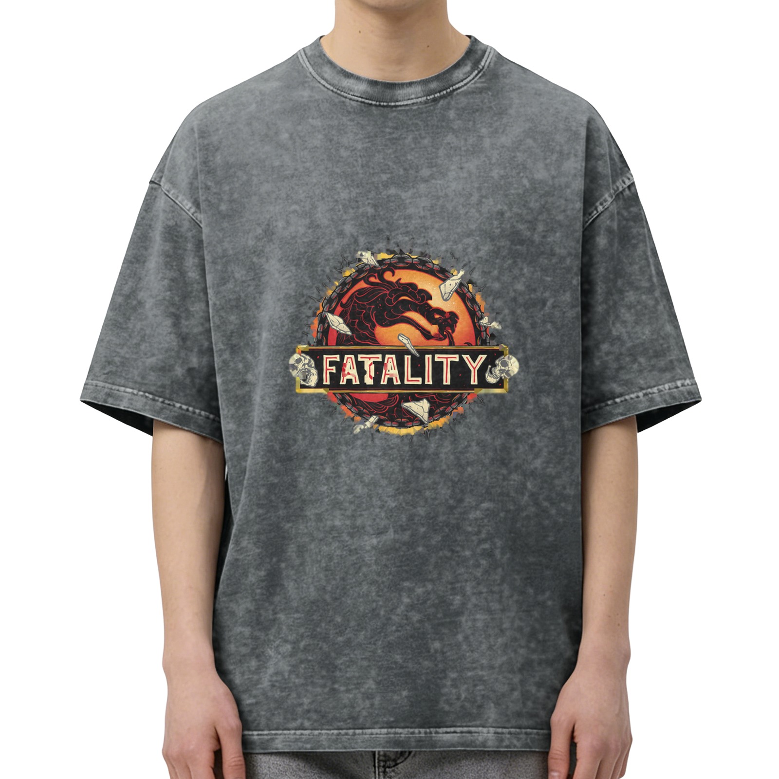 Mortal Kombat Fatality Graphic Acid Wash Black T-Shirt