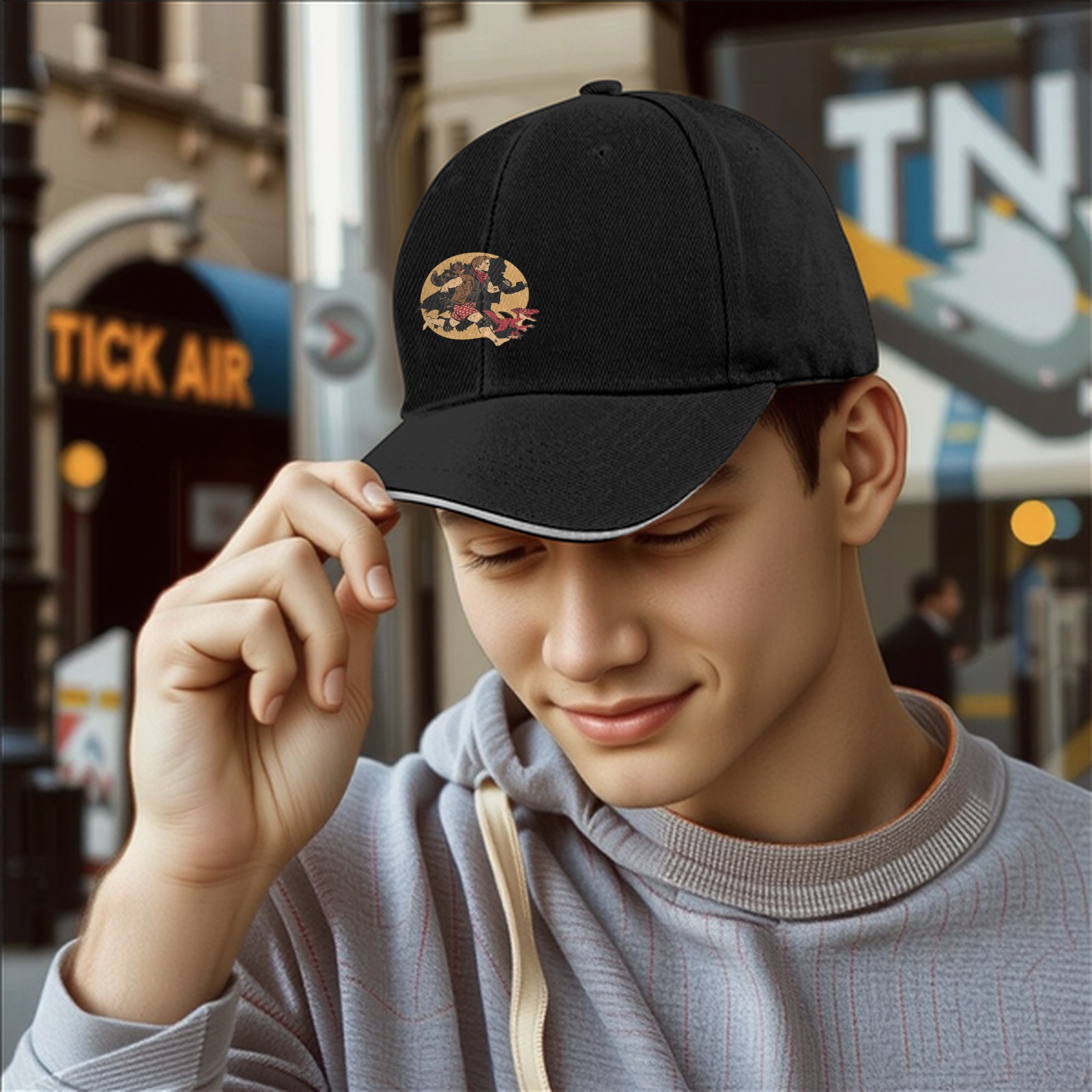 Black baseball cap with running fantasy character graphic print