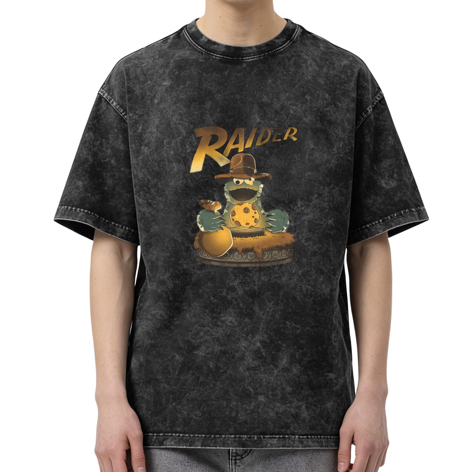 Washed black t-shirt with Cookie Monster Raiders graphic print