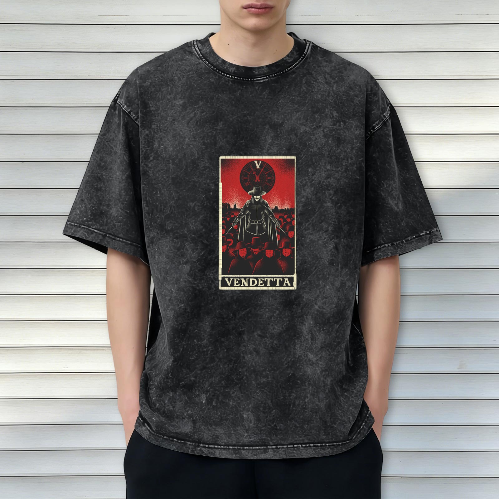 V for Vendetta Tarot Graphic Stone Wash Black T-Shirt