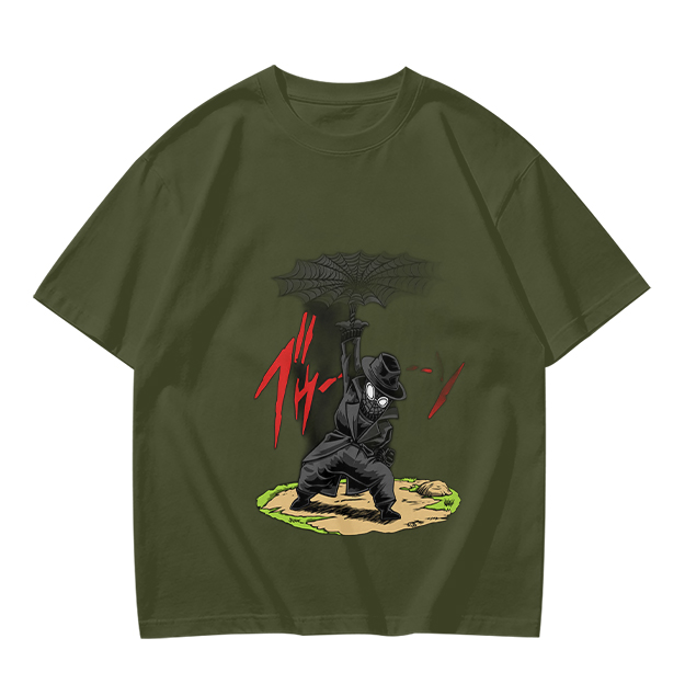 Olive T-shirt with Dark Umbrella-Wielding Character Graphic