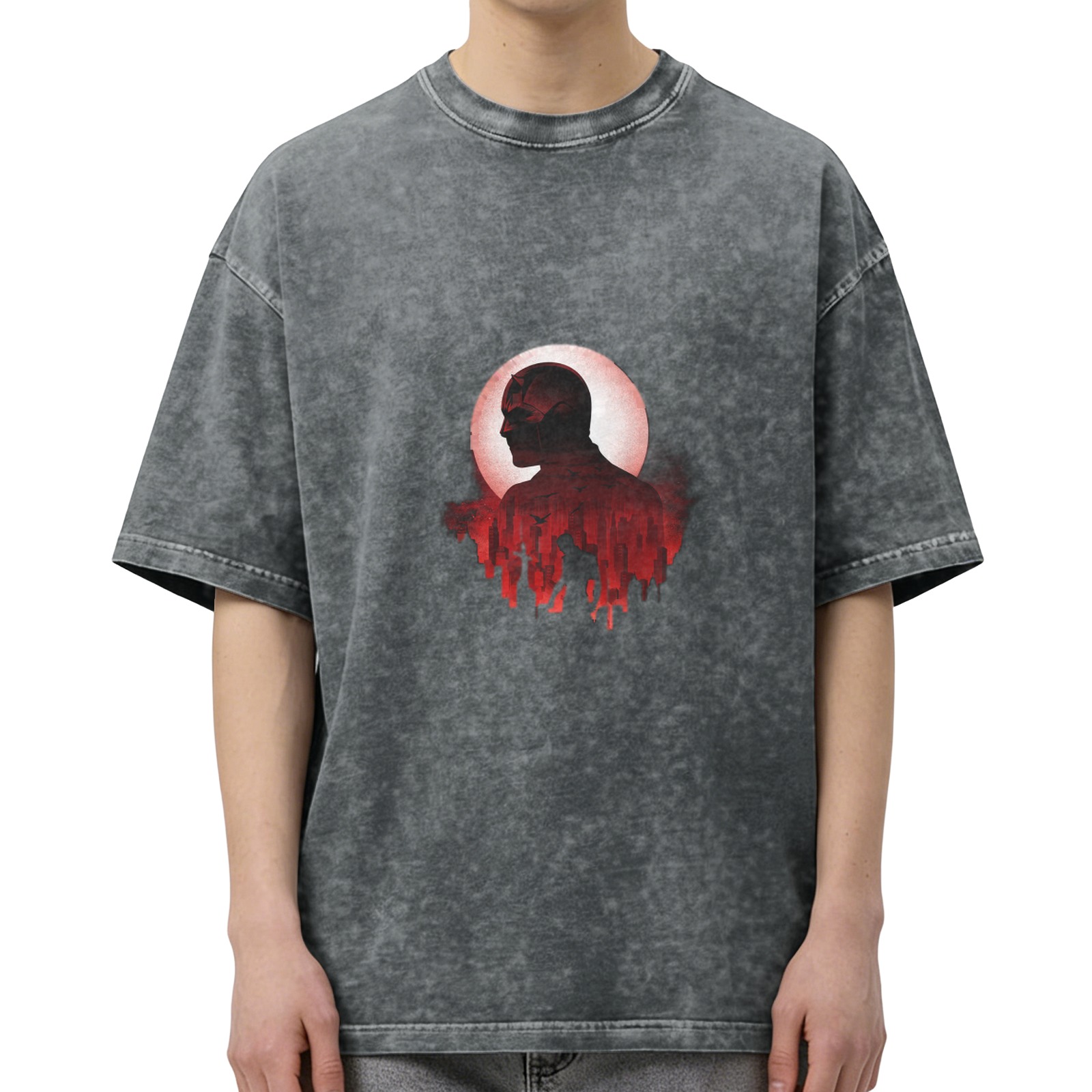 Washed Black T-Shirt with Superhero Silhouette and Red City Print