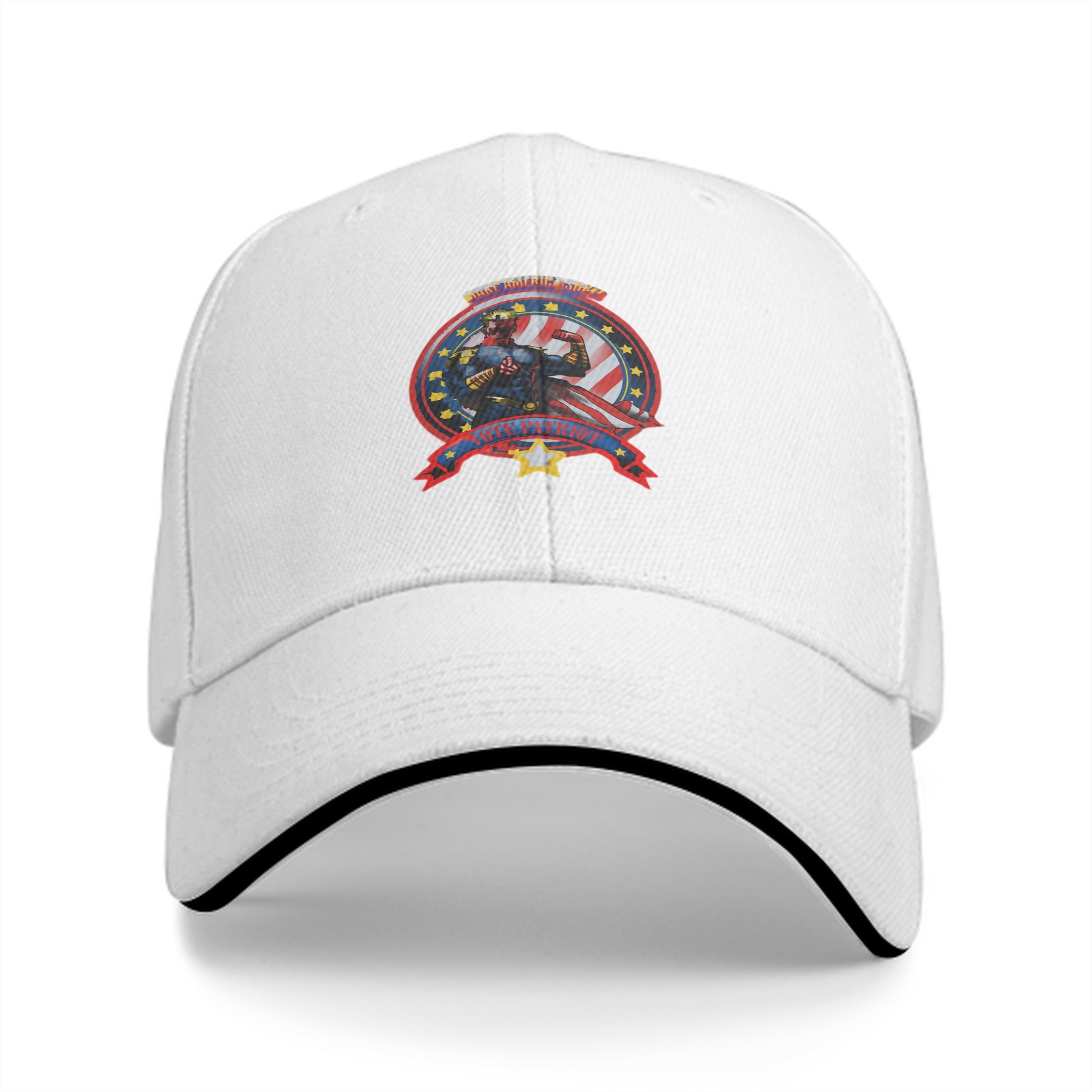 Black baseball cap with patriotic superhero emblem print