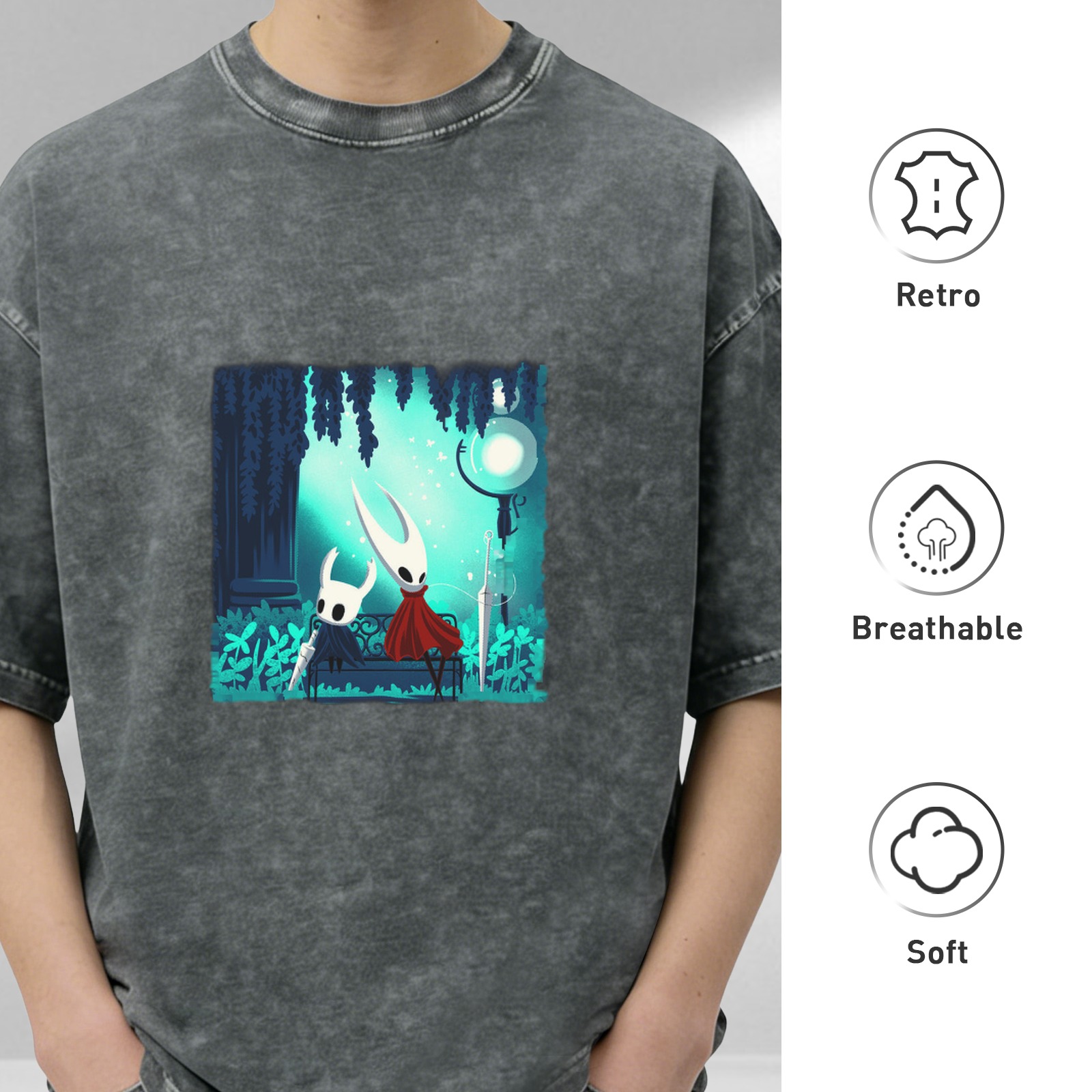 Hollow Knight Themed Dark Wash Graphic T-Shirt