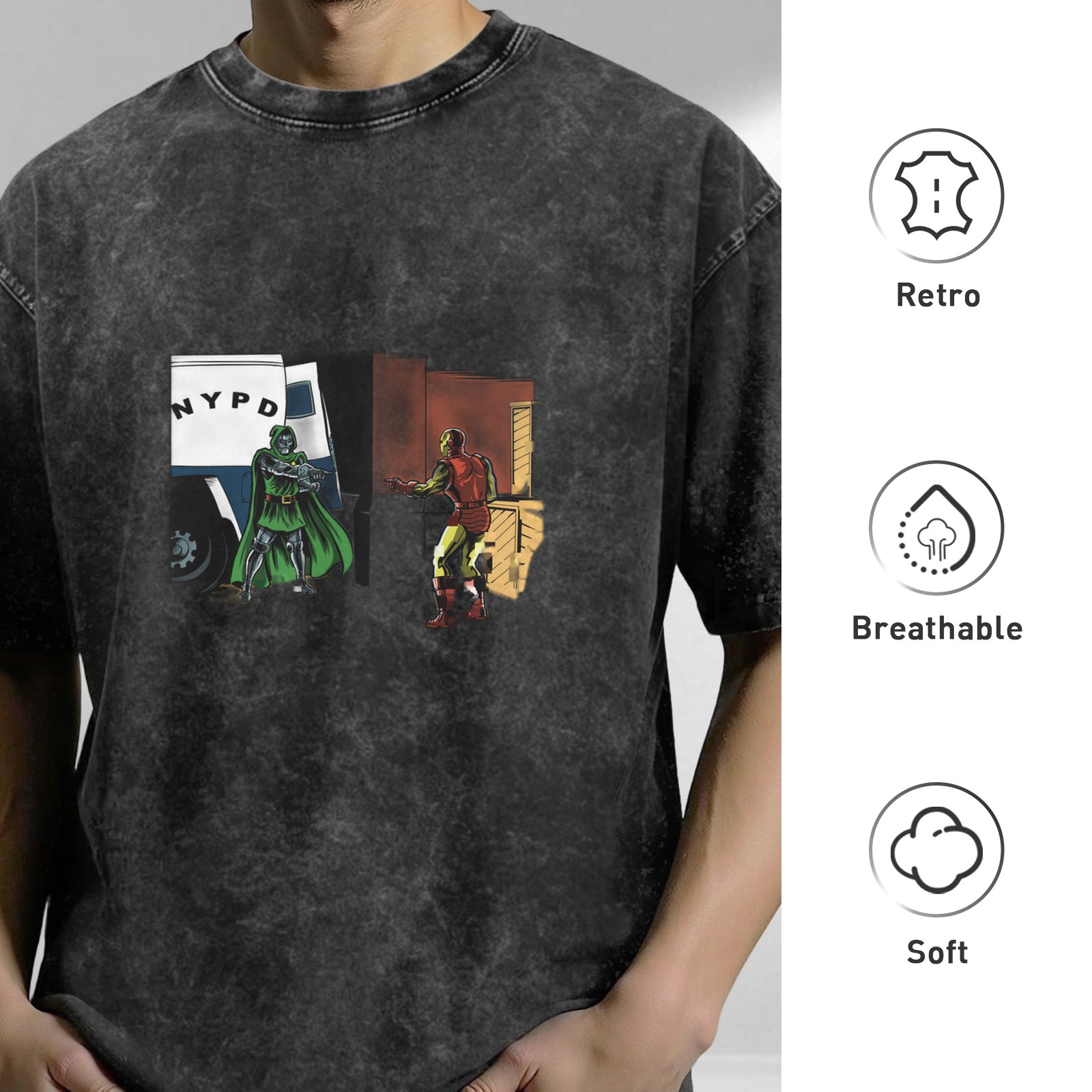Oversized Acid Wash Graphic T-shirt with Comic Superhero Print