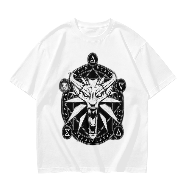 Olive T-Shirt With Witcher Wolf Medallion Magic Circle Print