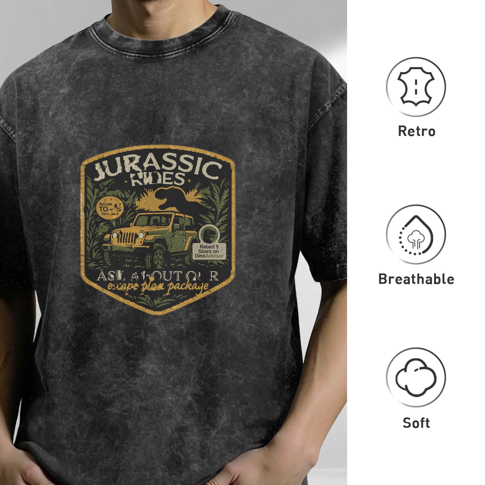 Jurassic Rides Graphic Print Acid Wash Oversized T-Shirt