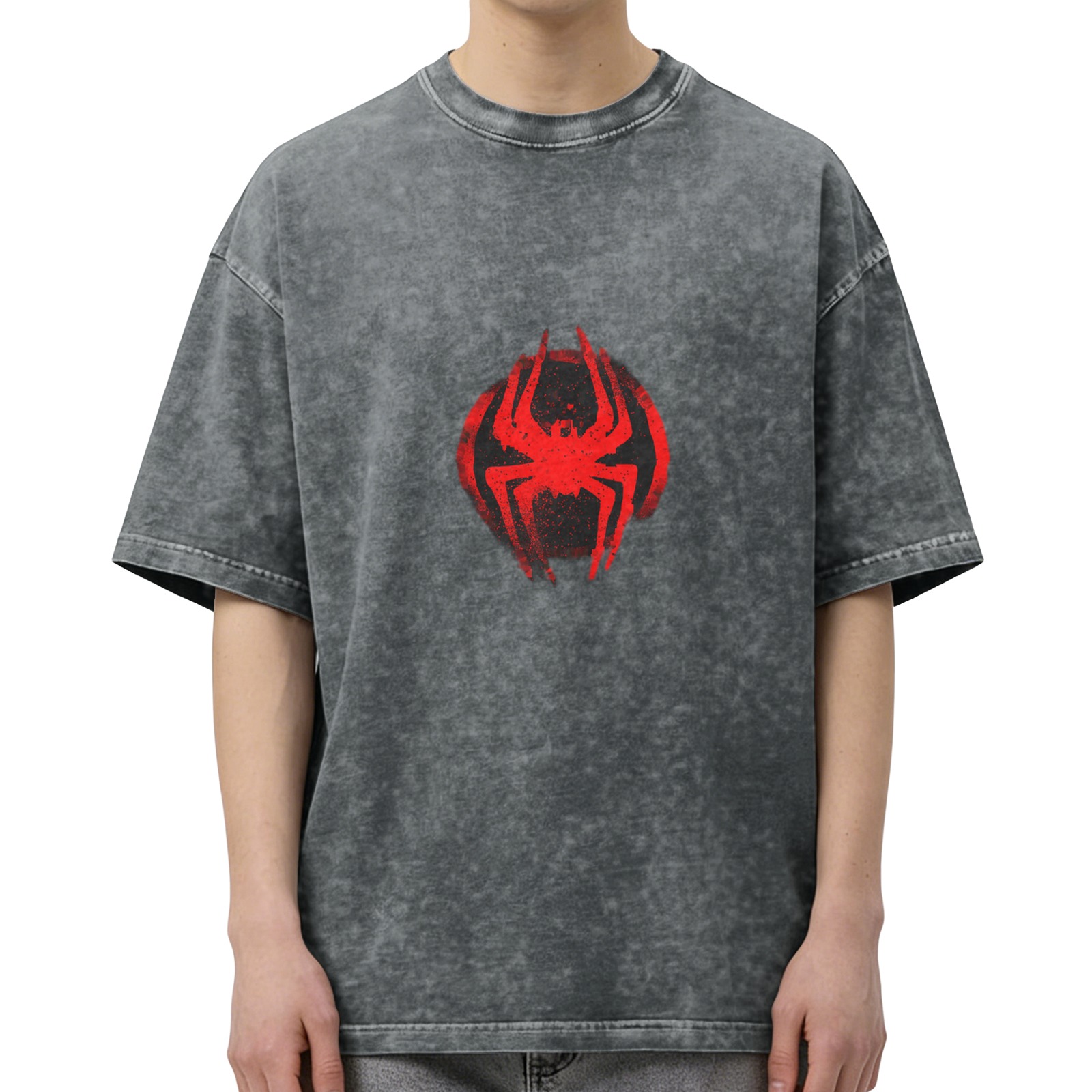 Washed Black Oversized T-Shirt with Red Spider Logo Graphic