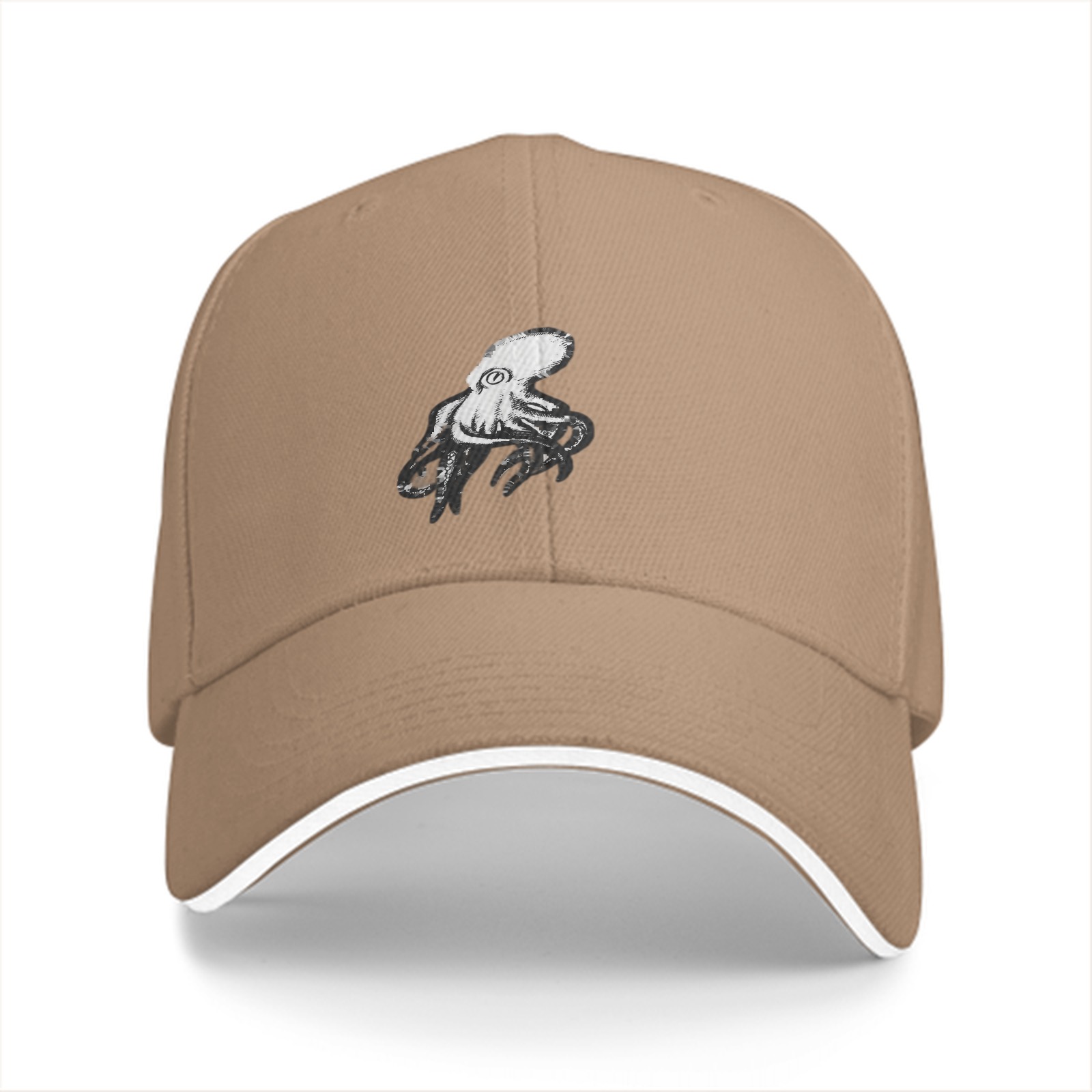 Black baseball cap with white octopus graphic design