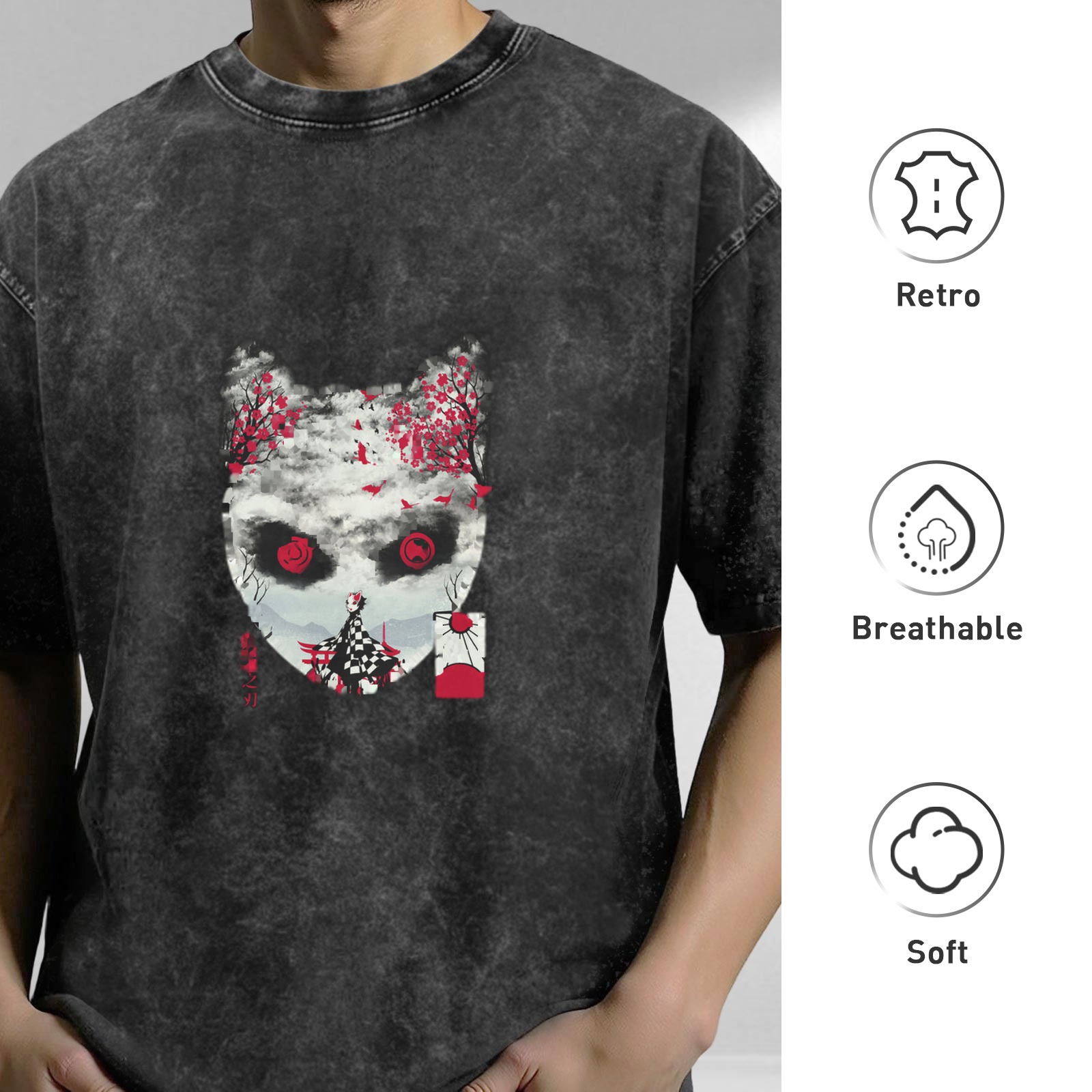 Oversized Vintage Wash Anime Graphic T-Shirt - Japanese Demon Mask & Cherry Blossom Design