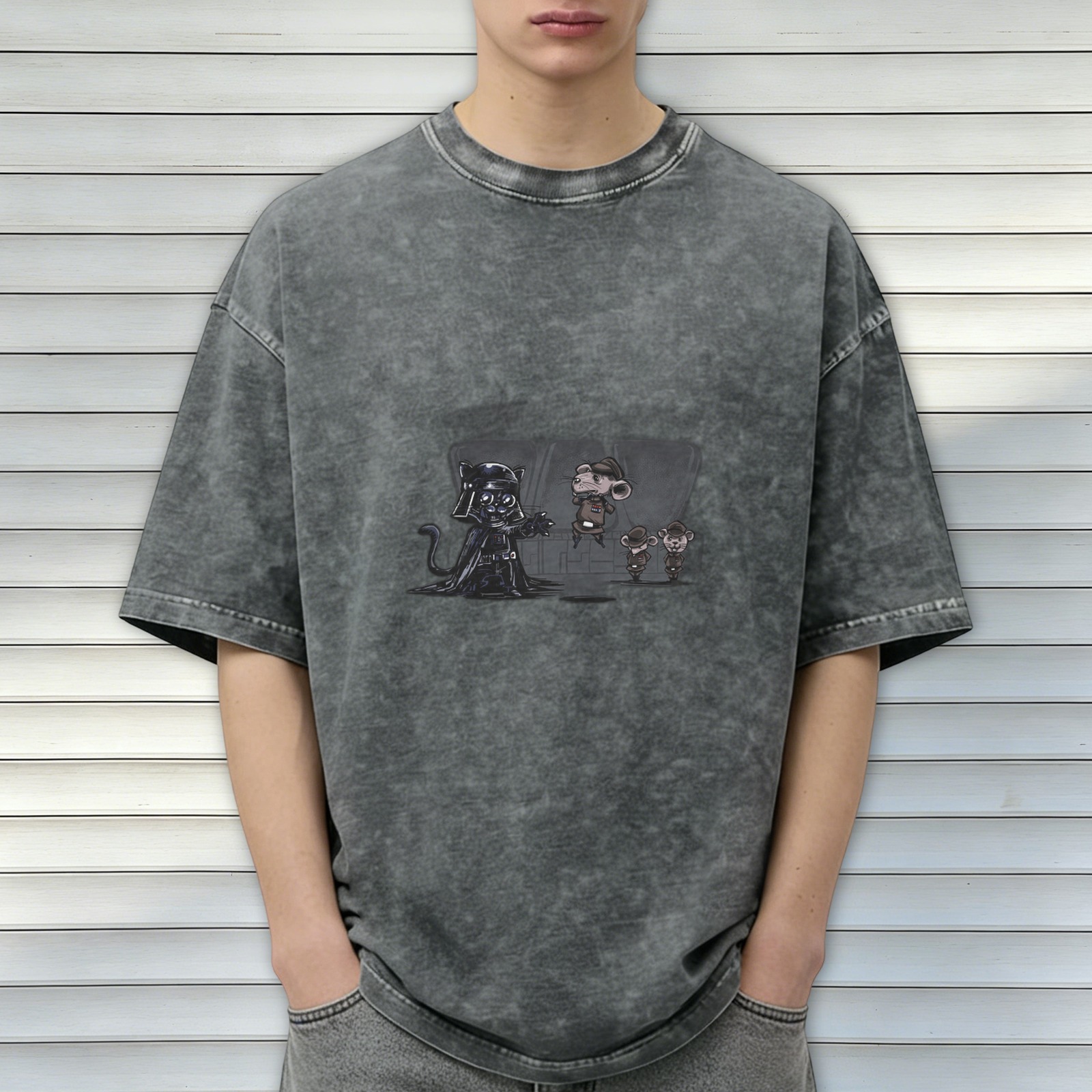 oversized acid wash t-shirt with cat vader and mouse parody graphic