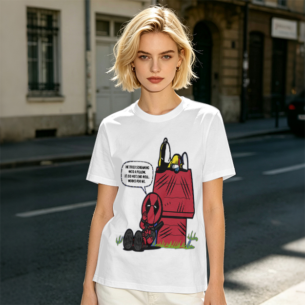Olive t-shirt with Deadpool and Snoopy mashup graphic