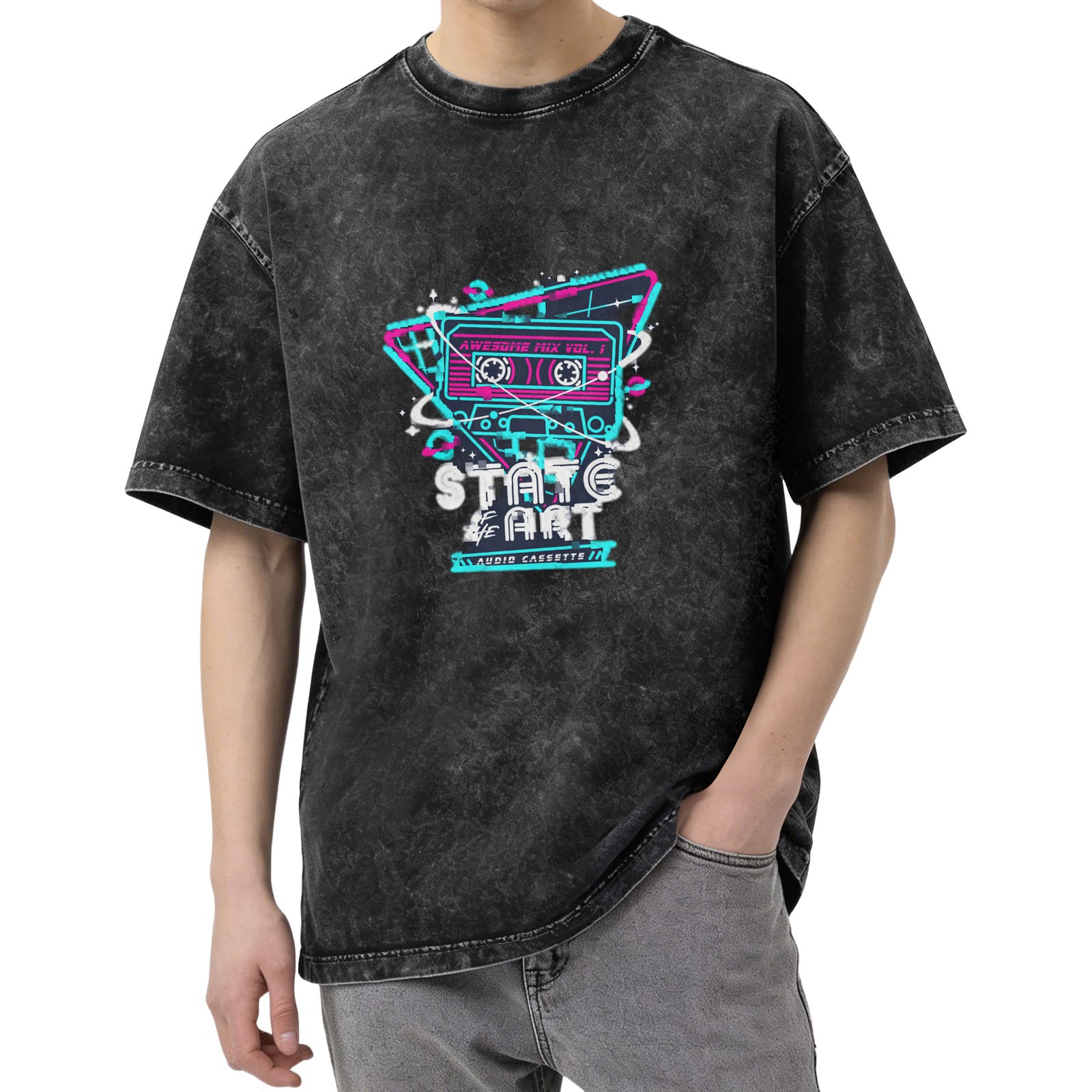 Oversized Acid Wash T-Shirt with Retro 80s Cassette Graphic
