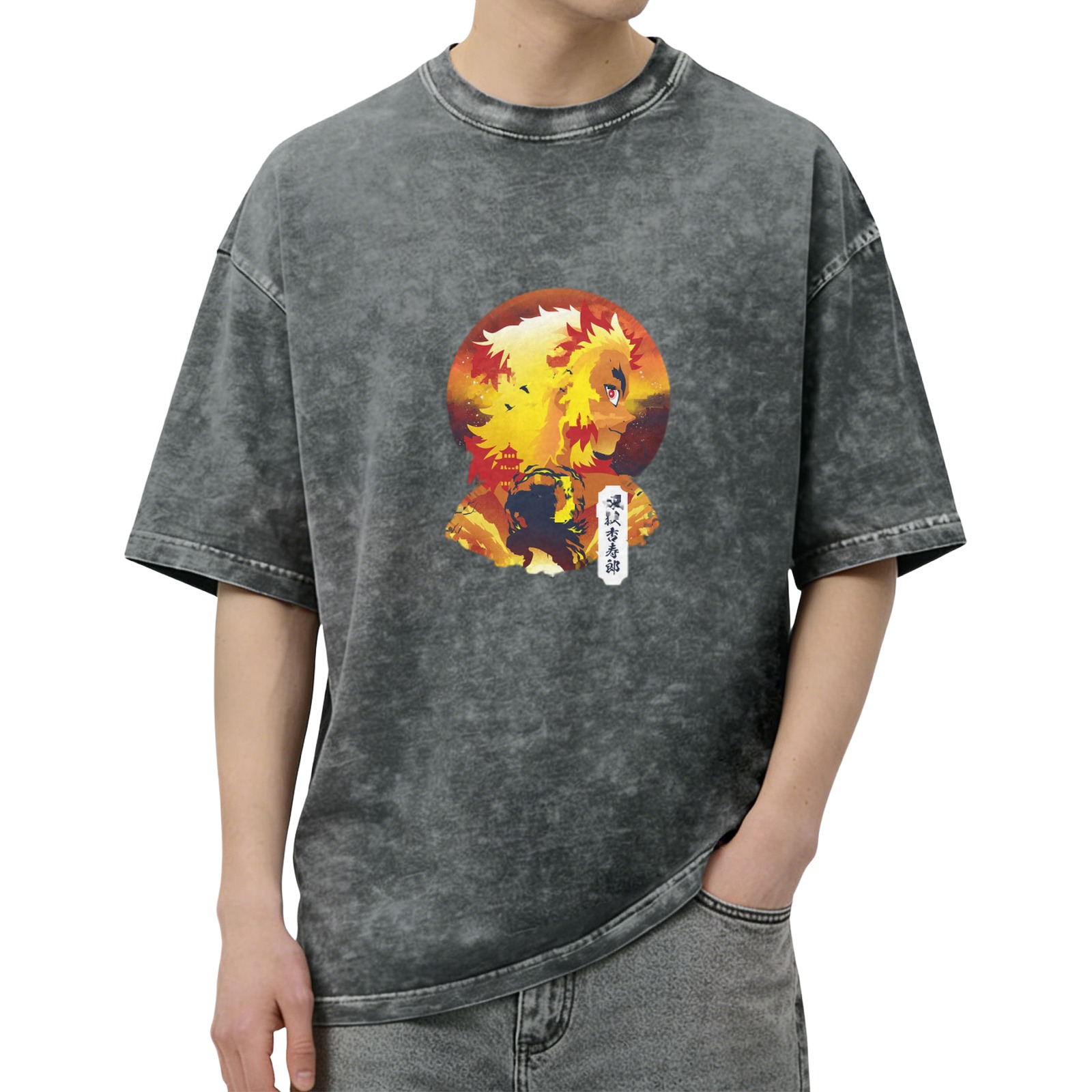 Demon Slayer Rengoku Kyoujurou Flame Hashira Anime Graphic Vintage Wash T-Shirt