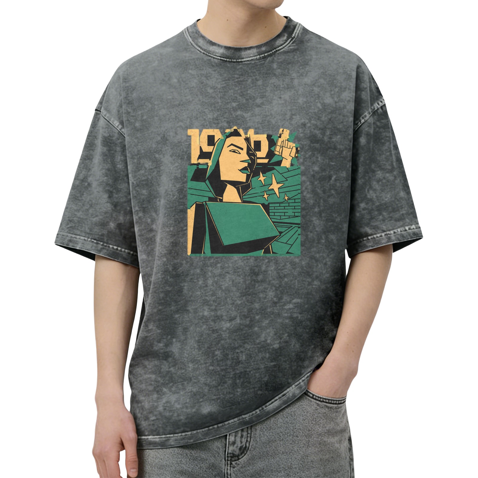 Oversized Acid Wash T-Shirt With Retro Propaganda Style Graphic Print