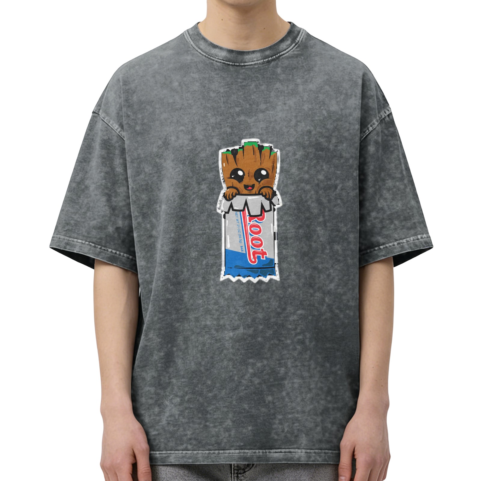 Washed black graphic t-shirt with cute Baby Root character print