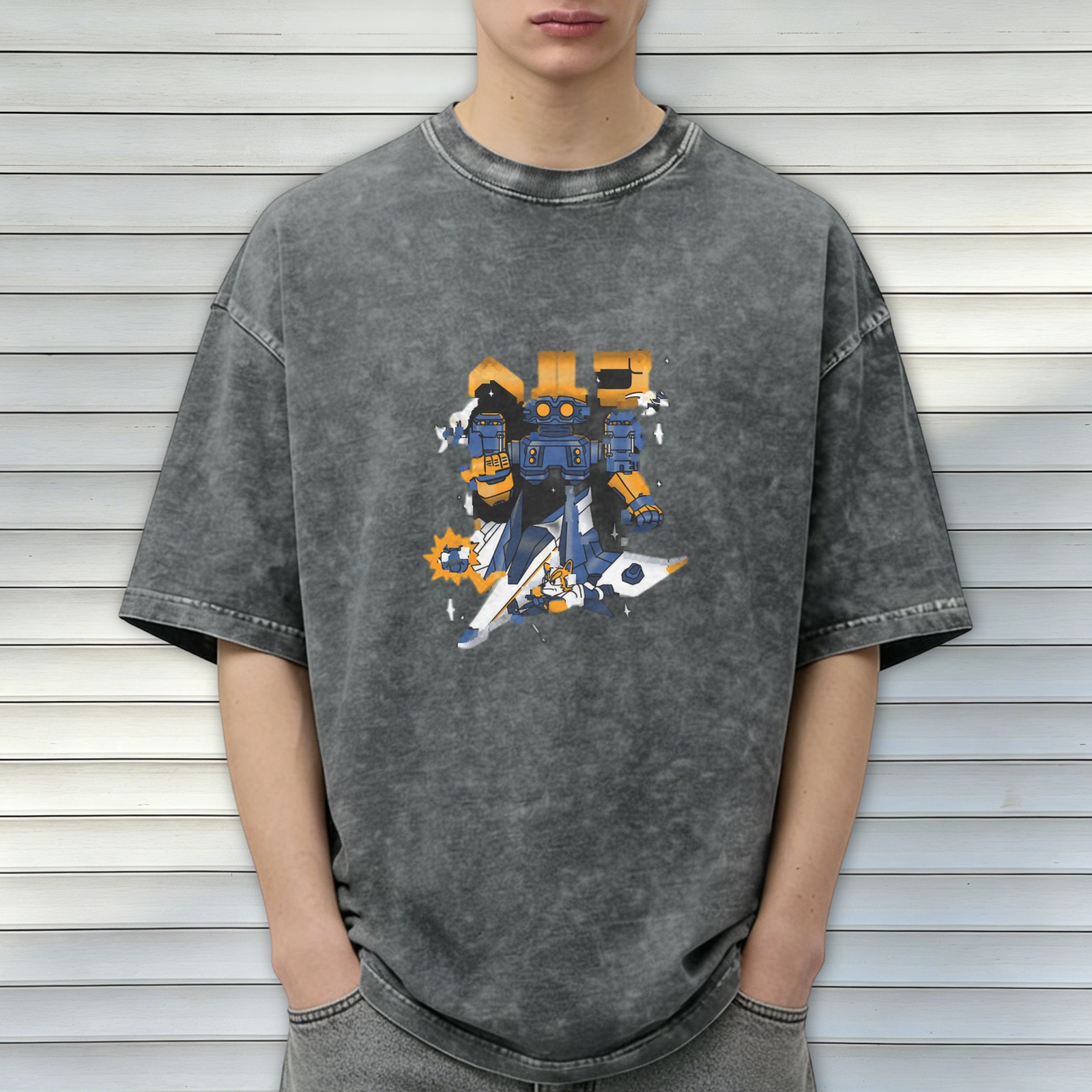 Oversized Black Stone Wash T-Shirt with Robot Graphic Print