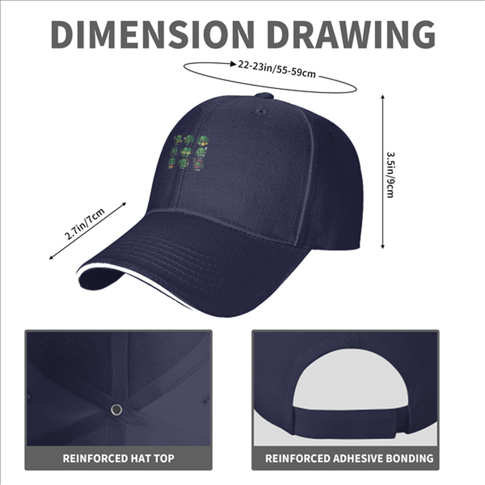 Black baseball cap with small green character grid print