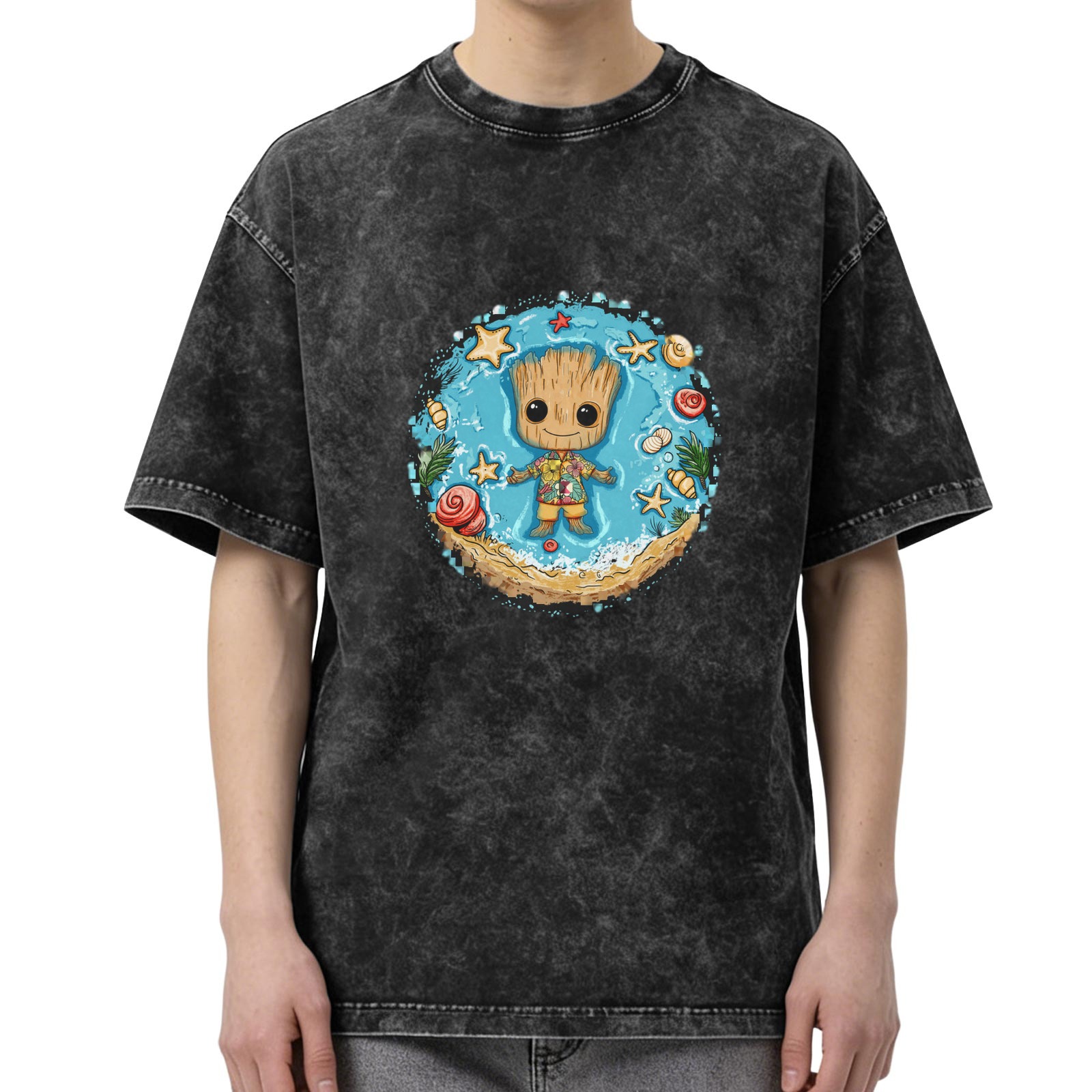 Washed Black T-Shirt with Baby Groot Beach Graphic