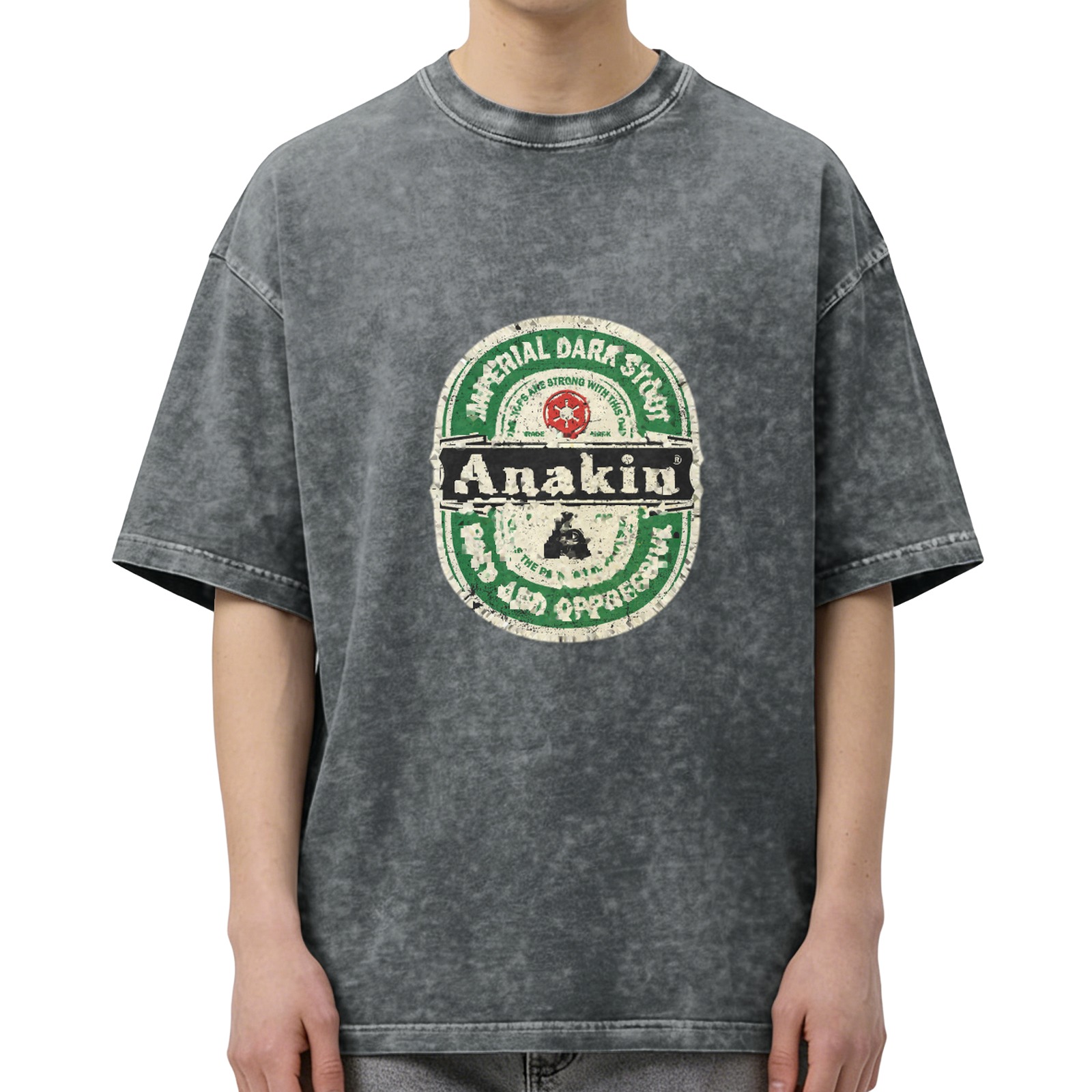 Distressed washed black Anakin themed printed short-sleeved T-shirt