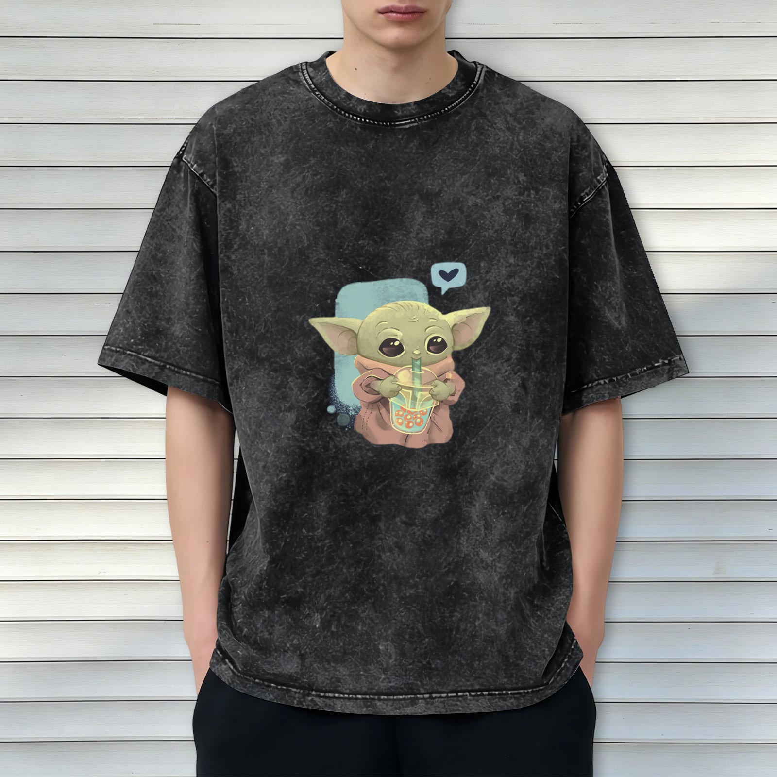 Baby Yoda Drinking Boba Tea Vintage Wash T-shirt