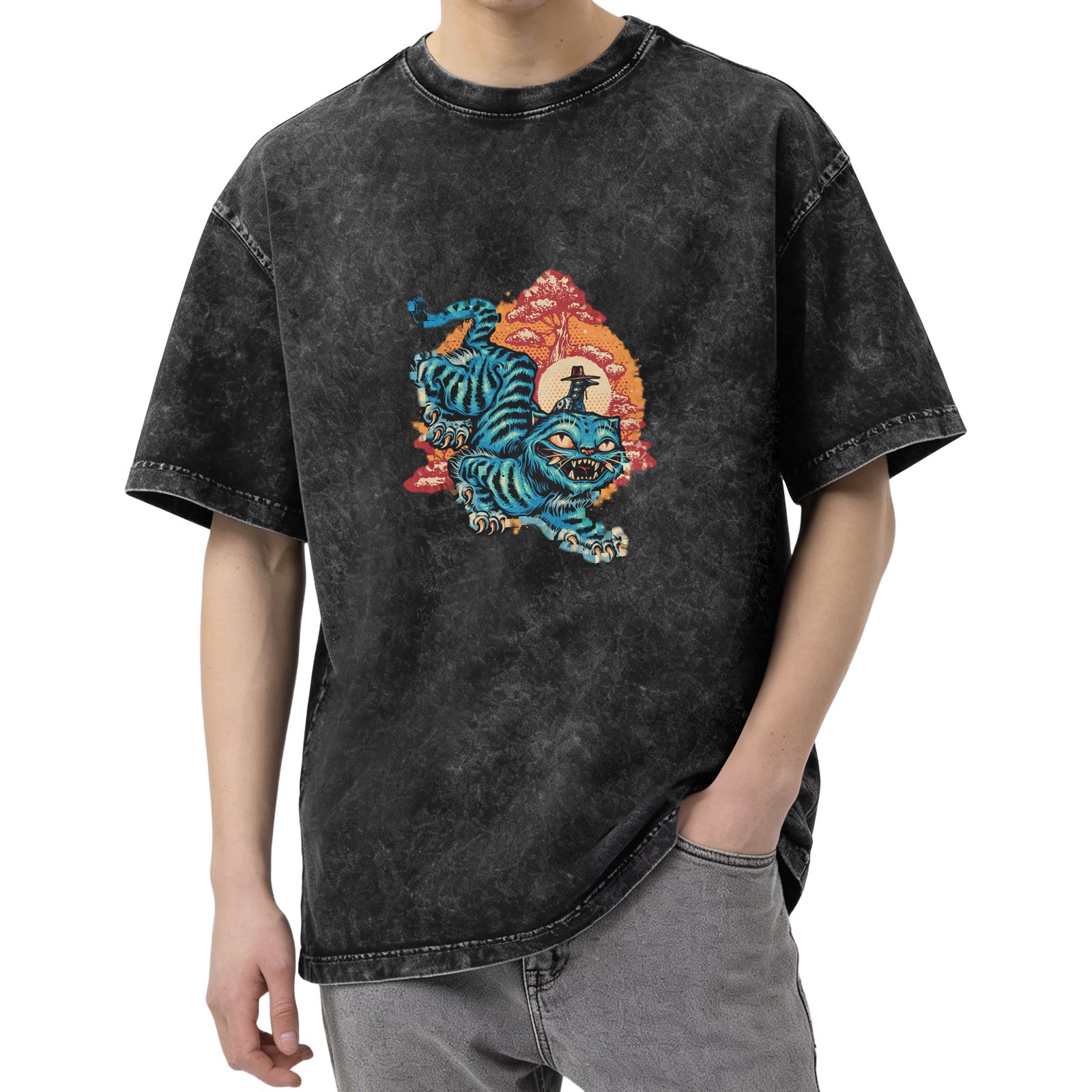 Washed Black T-Shirt With Blue Tiger Japanese Style Graphic