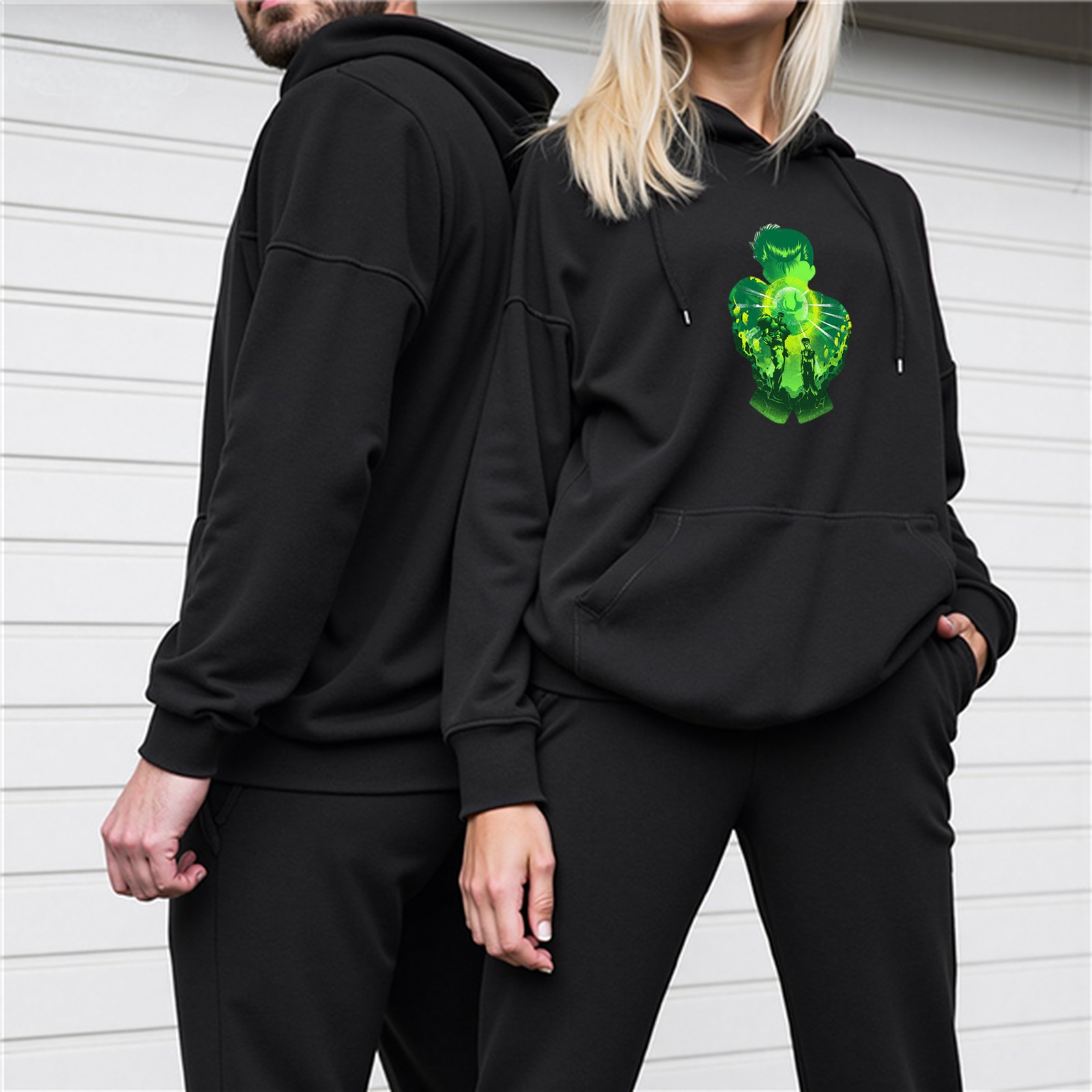 Black Hoodie With Glowing Green Superhero Silhouette Art