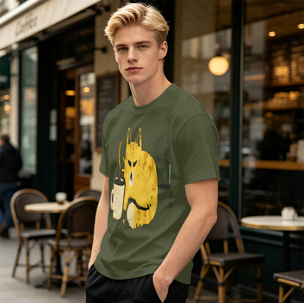 Olive T-Shirt With Grumpy Cat Holding Hot Coffee Print