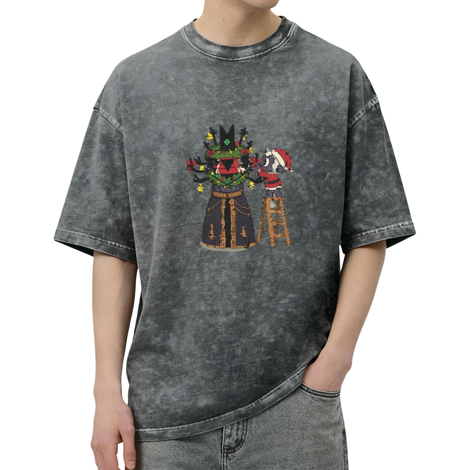 Washed Black T-Shirt With Cute Christmas Character Decorating Artwork