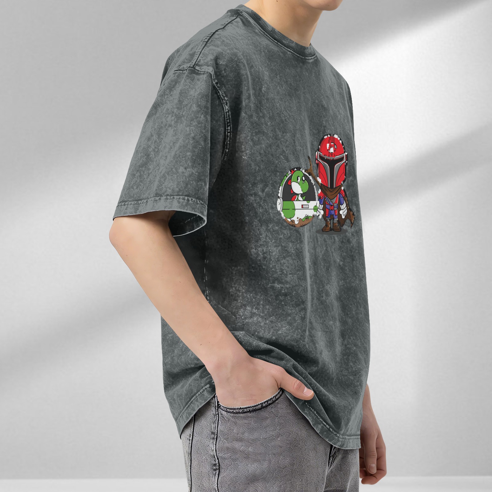 Retro washed black short-sleeved T-shirt, cartoon and anime co-branded print, loose casual top