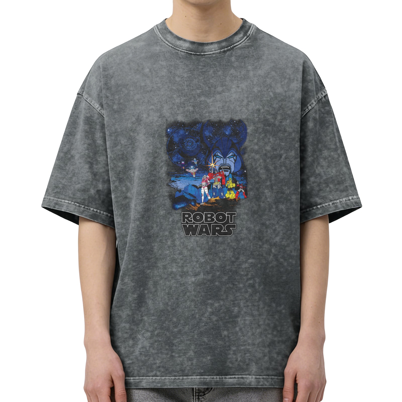 Robot Wars themed distressed washed black loose short-sleeved T-shirt